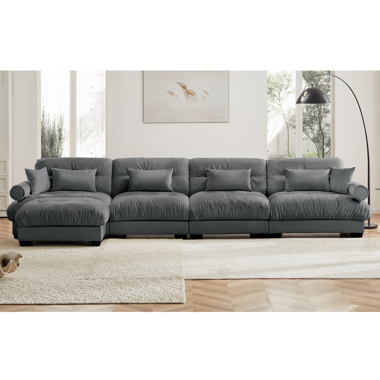Deep Seat Cloud Couch Modular Velvet Sectional Sofa Couch with Movable Ottoman,Corner Sectional with Bolstered Armrests