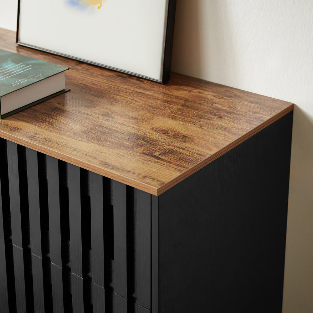 Modern Style Cabinet With Slatted Grille Striped Drawer & Door And Metal Leg