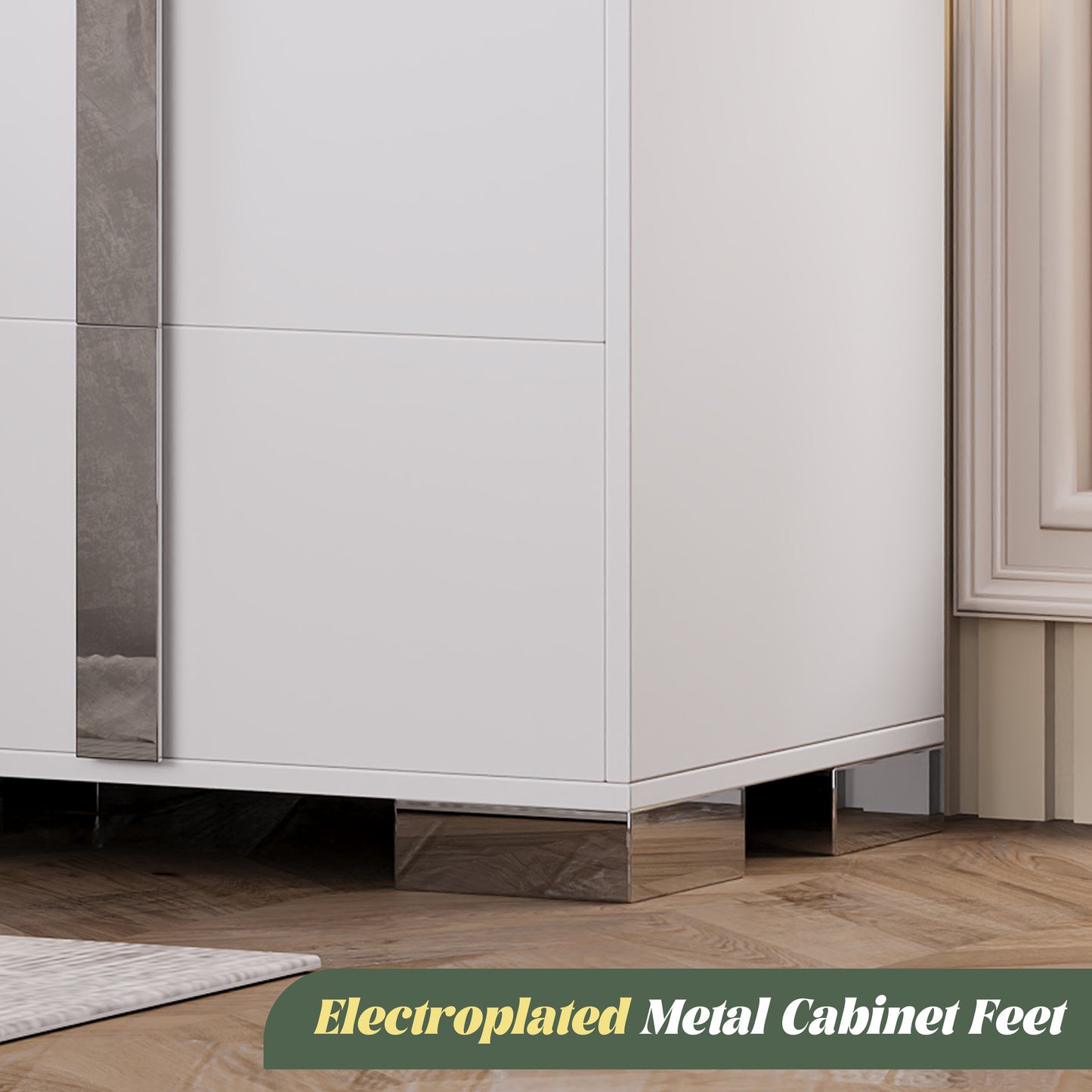 Nightstand with Metal Foot &amp; Mirrored Metal Handles | 2-Drawer Wood Bedside Table – White/Grey/Black, Silent Slides