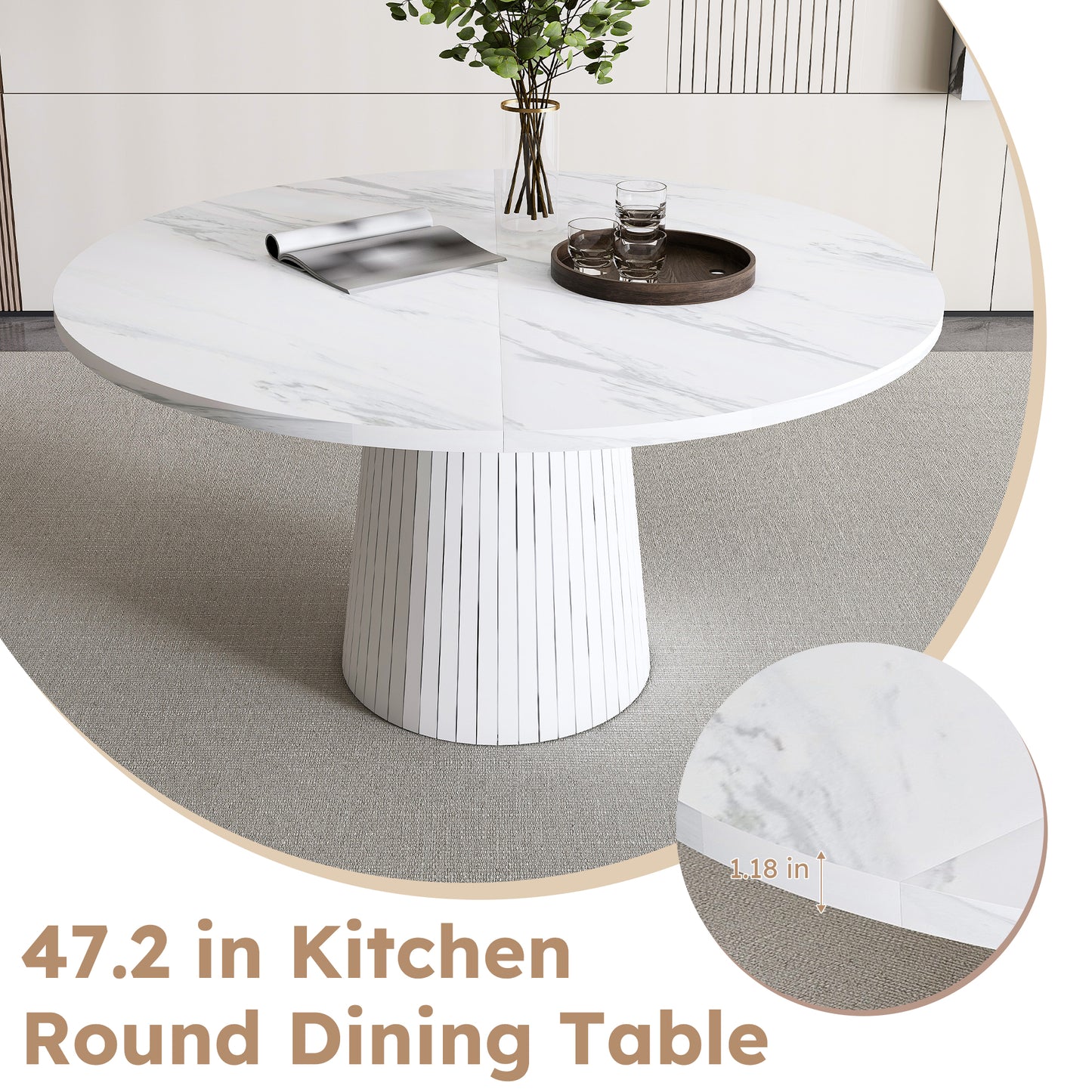 Modern Farmhouse Kitchen Table with Wood Strip Base, Marble Veneer Circle Dinner Table for Kitchen