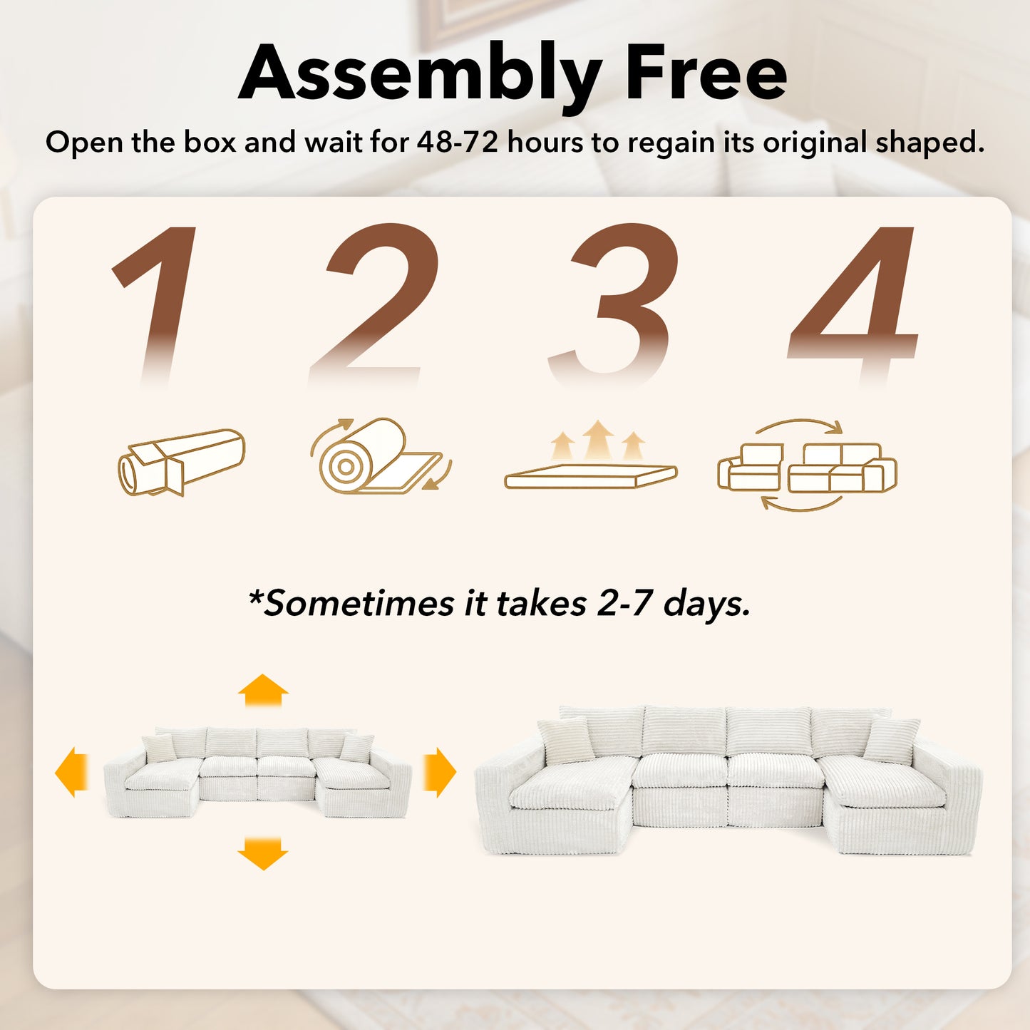 130" Modular U-Shaped Cloud Couch – No Assembly Memory Foam Sectional Sofa in Corduroy (Beige White)