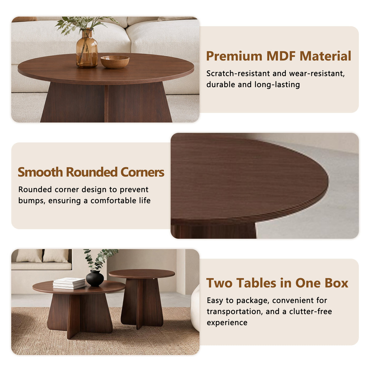 Retro-Style Nesting Coffee Table Set – Walnut or Natural Wood Finishes, Round Side Tables with Crisscross Legs