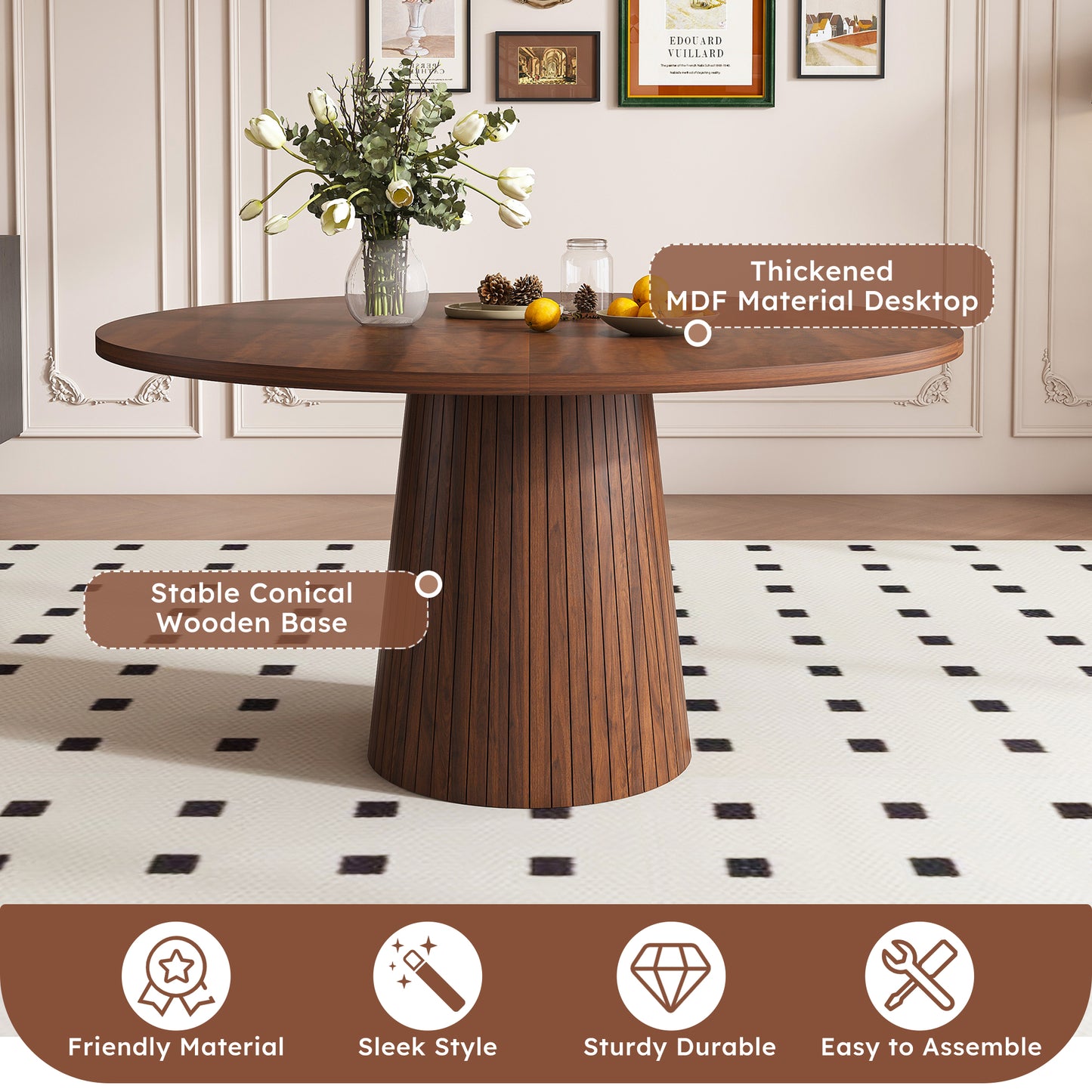 Modern Farmhouse Kitchen Table with Wood Strip Base, Marble Veneer Circle Dinner Table for Kitchen