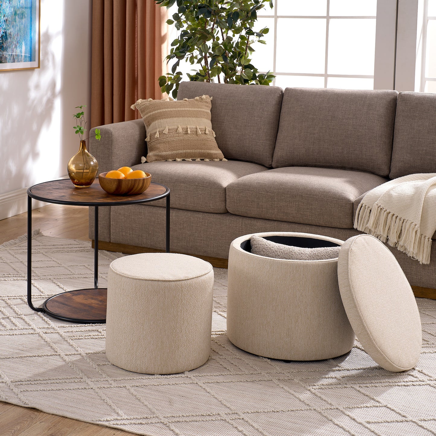 Multi-functional combination set table Ottoman with drum stool, with storage space Set of 3