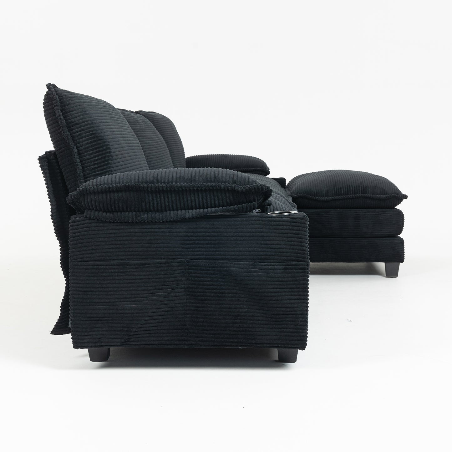 Modern 3+1 L-Shaped Corduroy Fabric Sofa – Modular Sectional Cloud Couch w/Ottoman, 35D Sponge, Cup Holders &amp; Storage