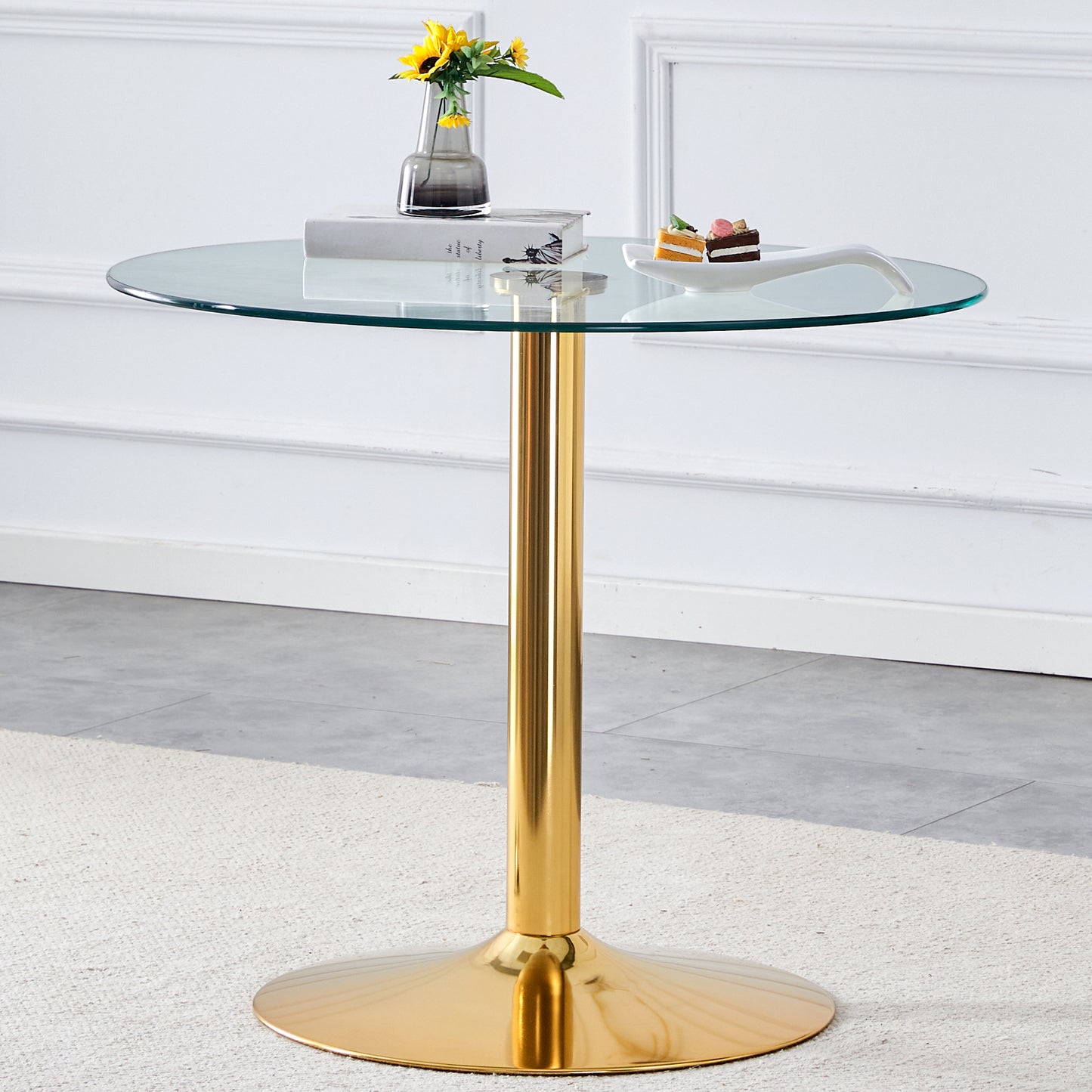 Modern Minimalist Round Dining Table - Gold Metal Legs, Diameter Glass Top for Multiple Rooms