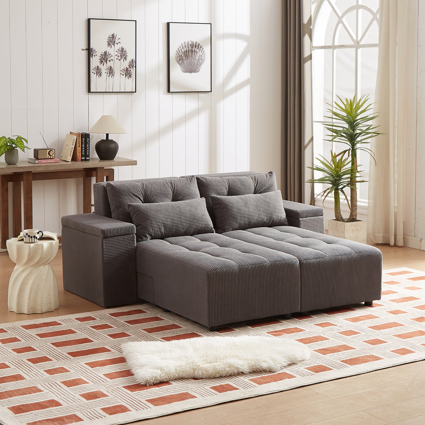 Corduroy Convertible 3 in 1 Sleeper Sofa and Sectional Sofa with 4 Storage Space With 4 pillows