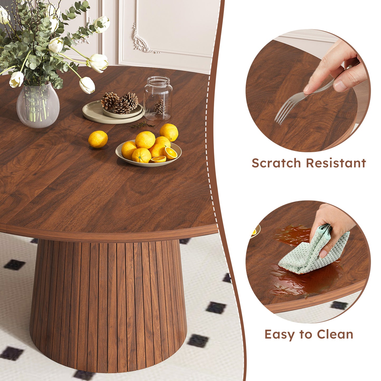 Modern Farmhouse Kitchen Table with Wood Strip Base, Marble Veneer Circle Dinner Table for Kitchen