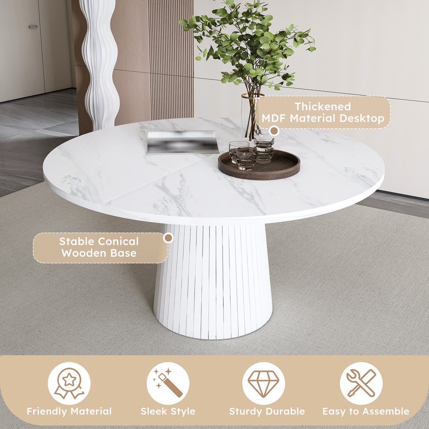 Modern Farmhouse Kitchen Table with Wood Strip Base, Marble Veneer Circle Dinner Table for Kitchen