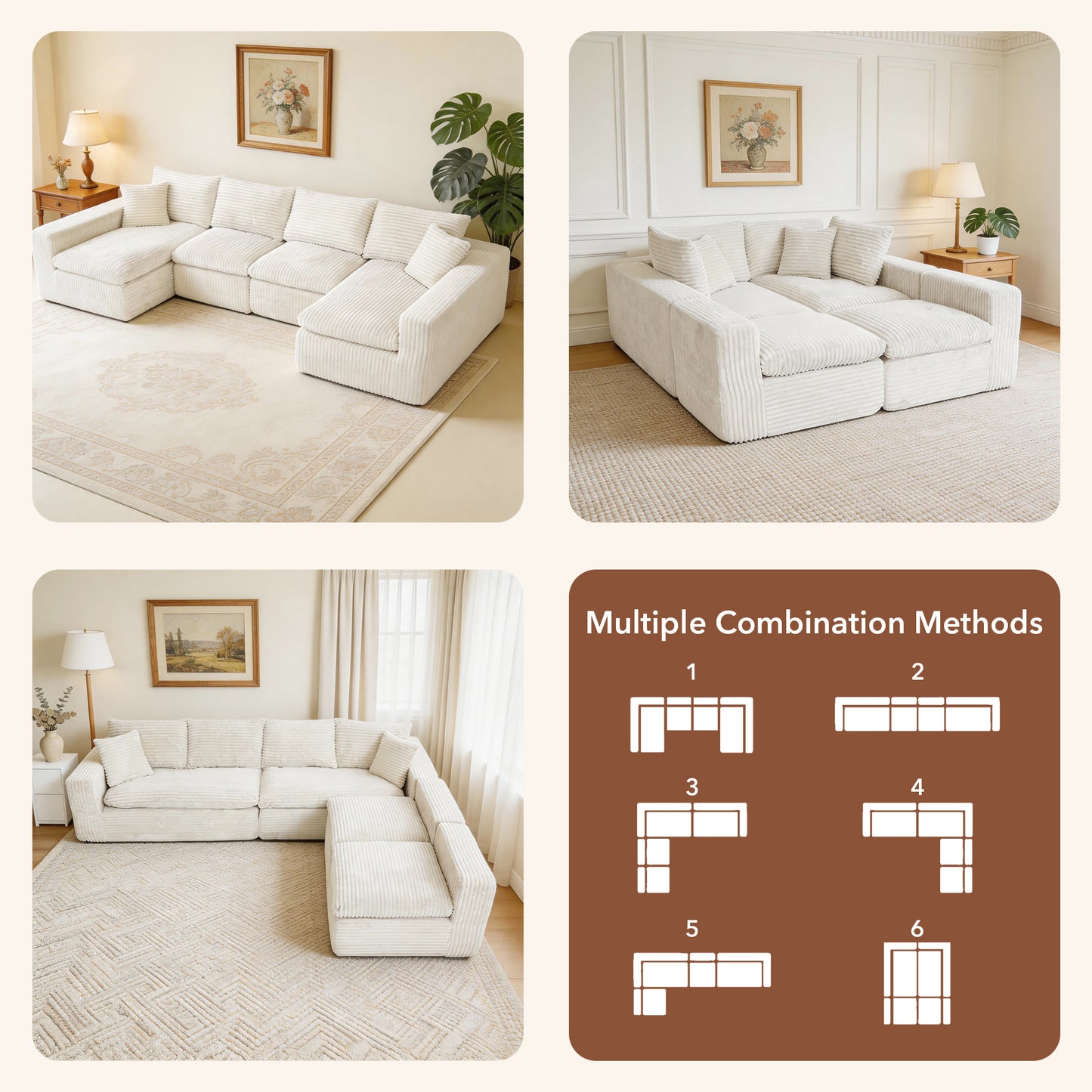 130" Modular U-Shaped Cloud Couch – No Assembly Memory Foam Sectional Sofa in Corduroy (Beige White)