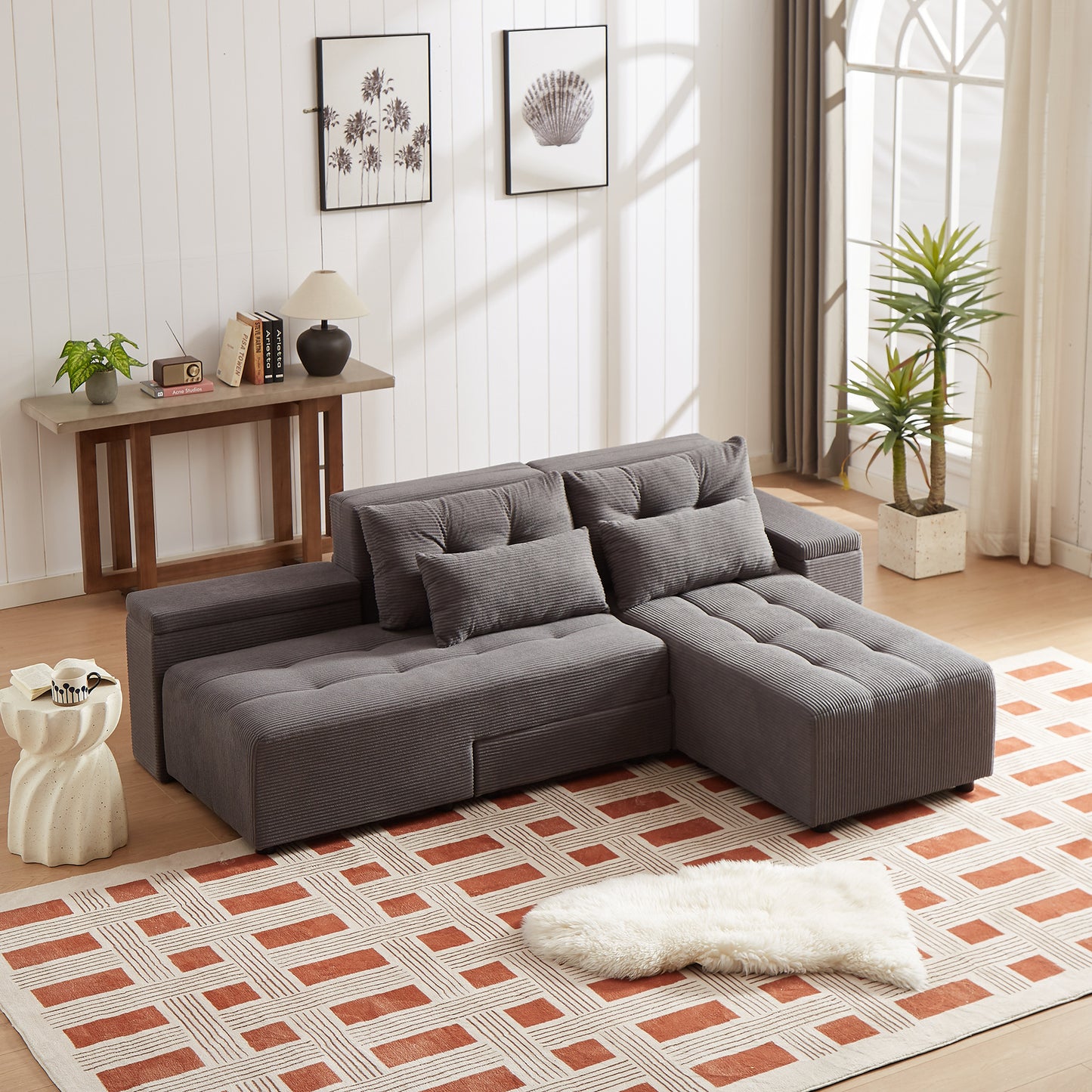 Corduroy Convertible 3 in 1 Sleeper Sofa and Sectional Sofa with 4 Storage Space With 4 pillows