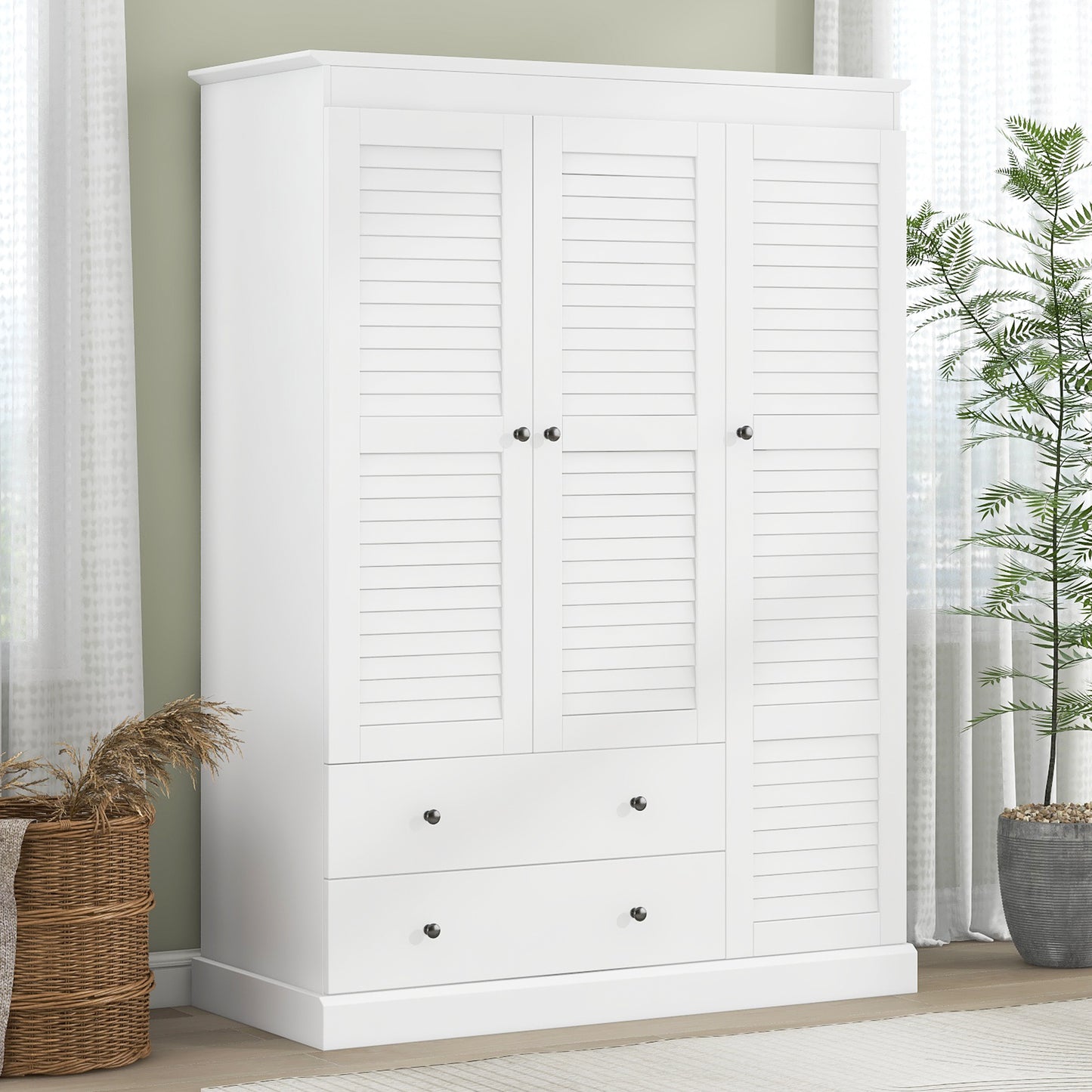 3 - Shutter Door Armoire Closet: White, 2 Drawers for Organized Living