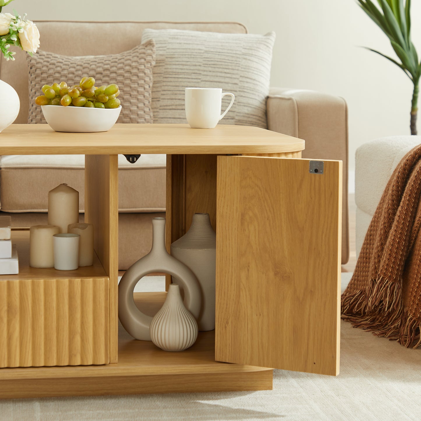 Modern Luxury Oval Coffee Table with Drawers & Storage – Curved Contour Design, Living Room Center Table