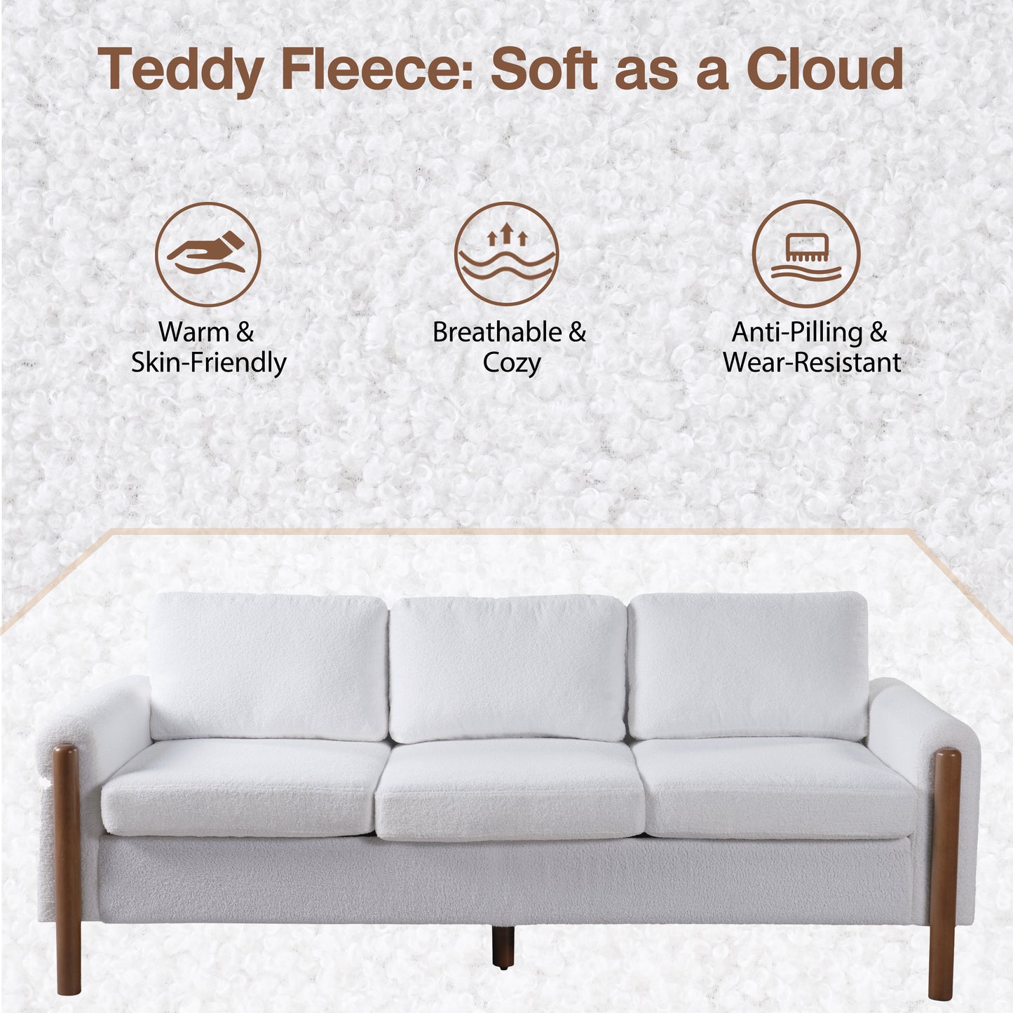 3-Seater Sofa with Curved Armrest & Integrated Solid Wood Frame – Teddy Velvet Fabric