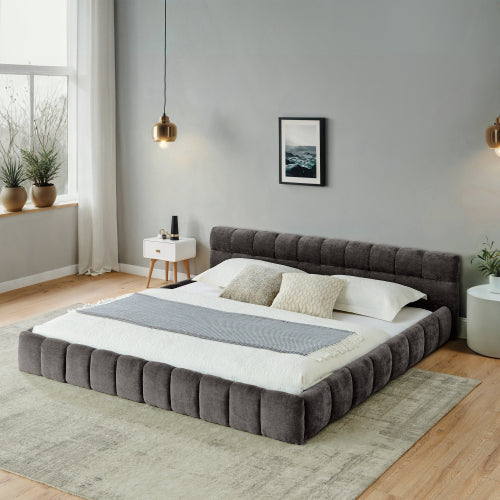California King size Upholstered Bed Frame, Chenille fabric with headboard and solid bed frame. With drawer for storage