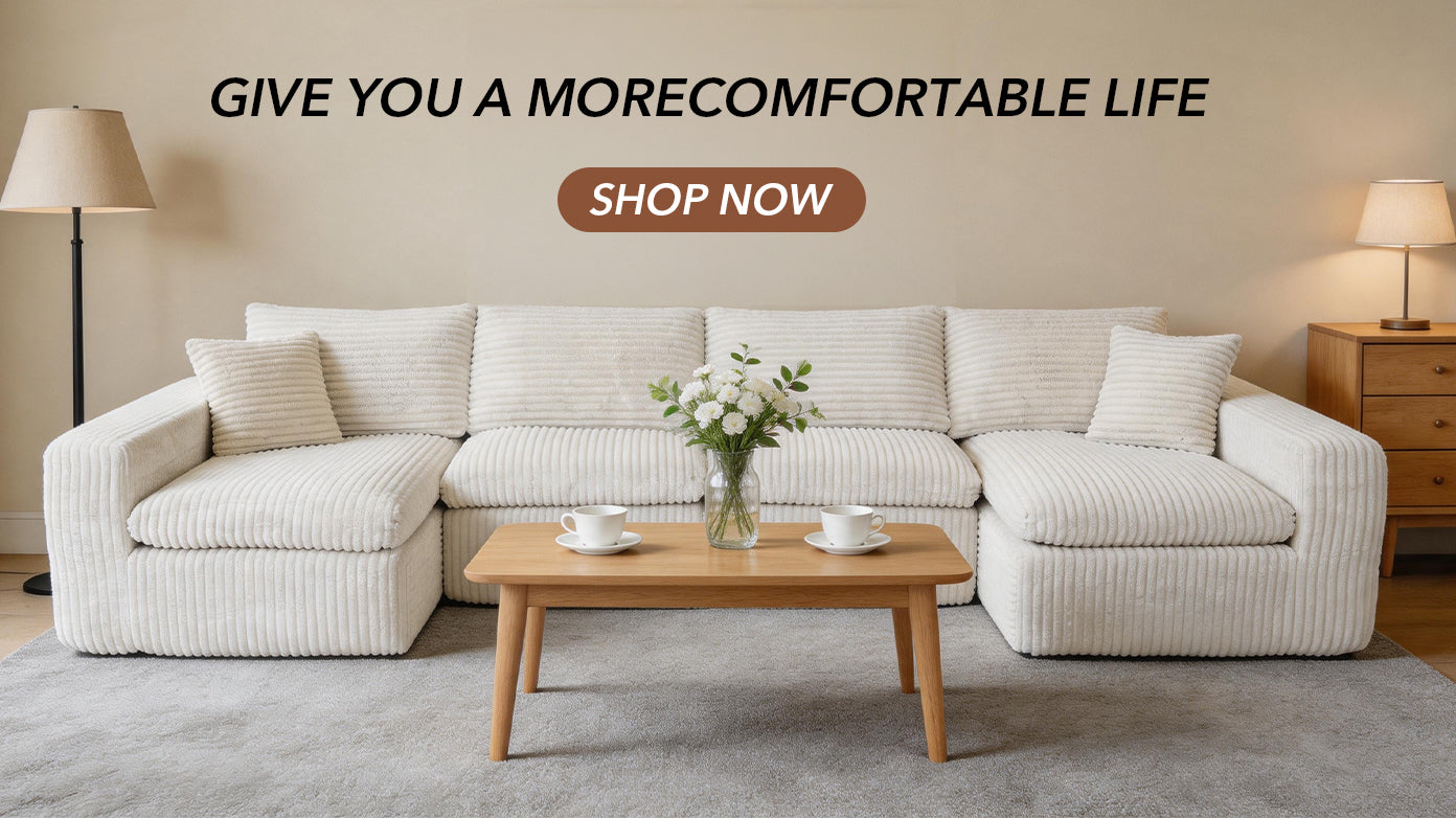 130" Modular U-Shaped Cloud Couch – No Assembly Memory Foam Sectional Sofa in Corduroy (Beige White)