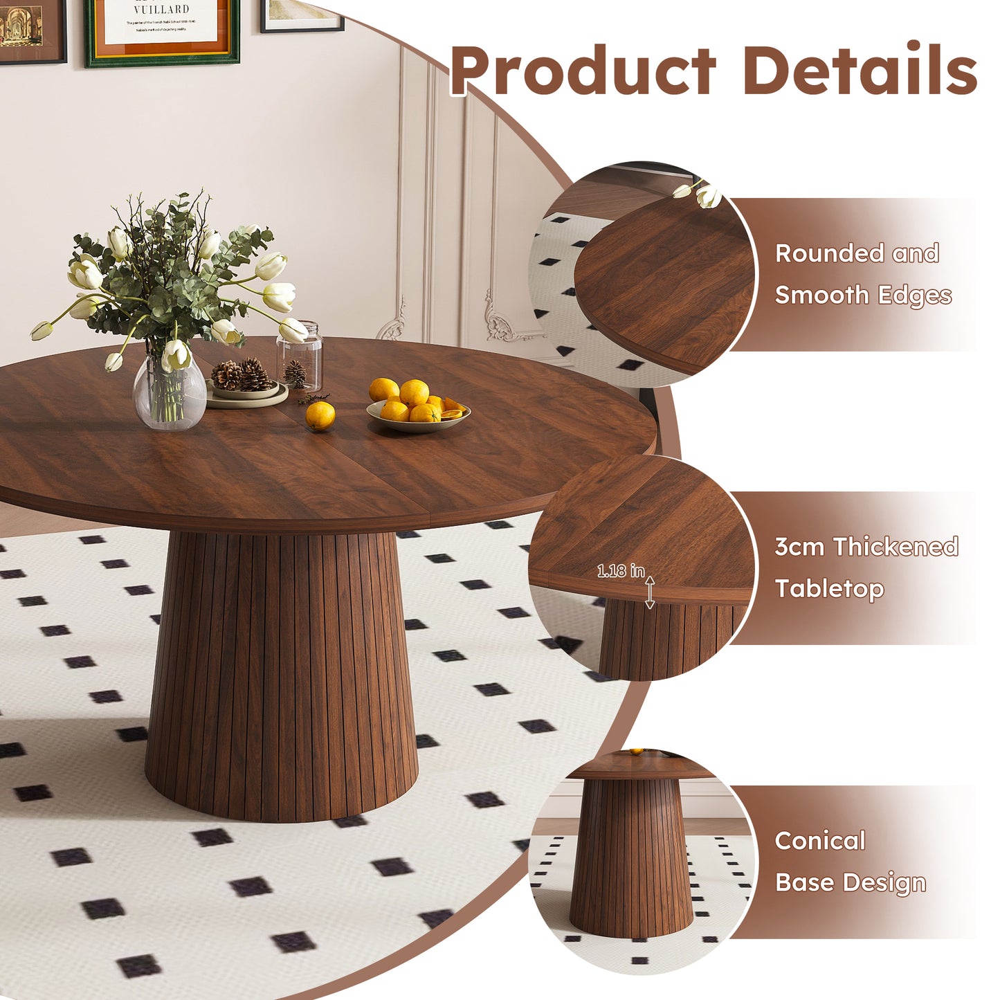 Modern Farmhouse Kitchen Table with Wood Strip Base, Marble Veneer Circle Dinner Table for Kitchen