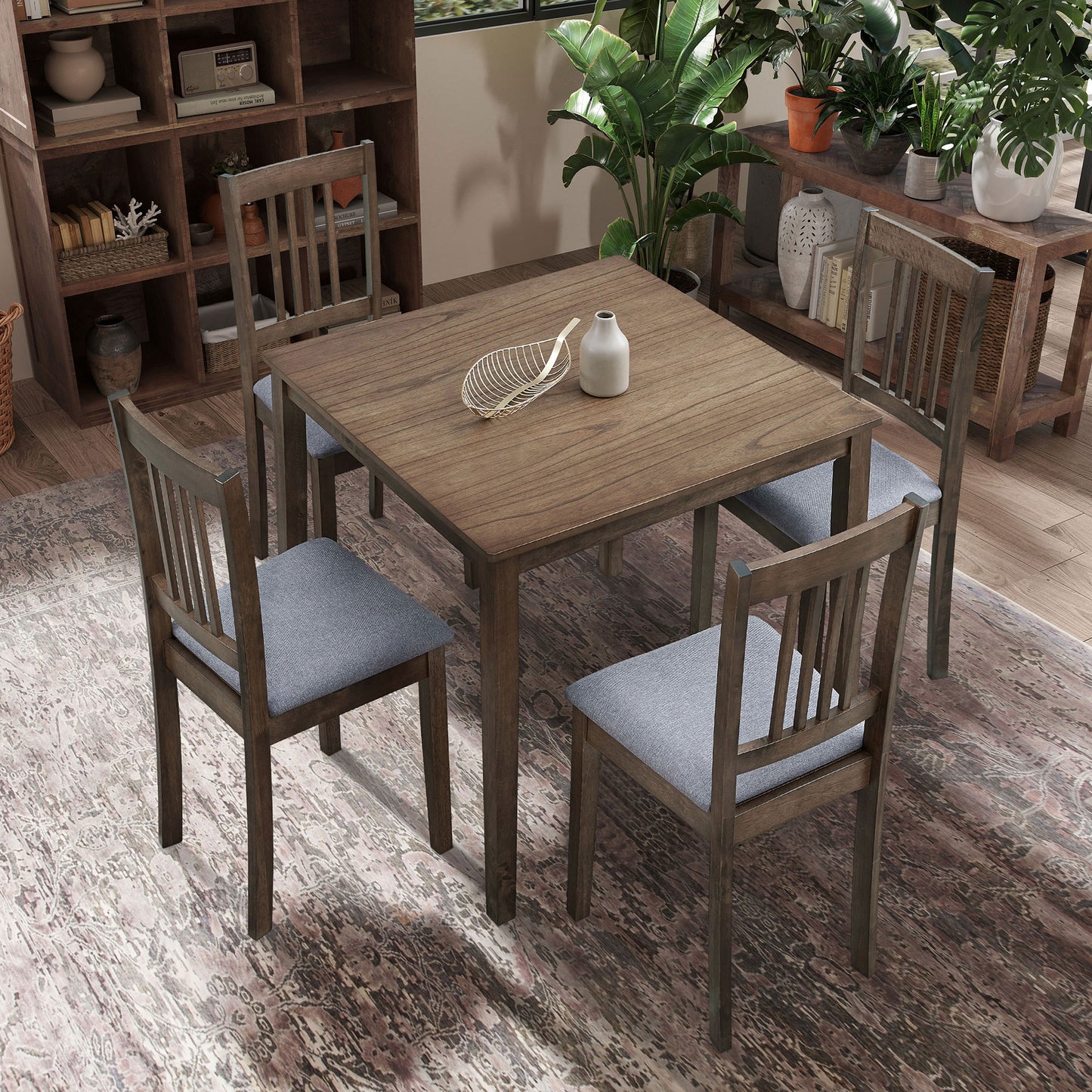 Square Wooden Kitchen Table Set: Mid - Century Design, Upholstered Dining Chairs