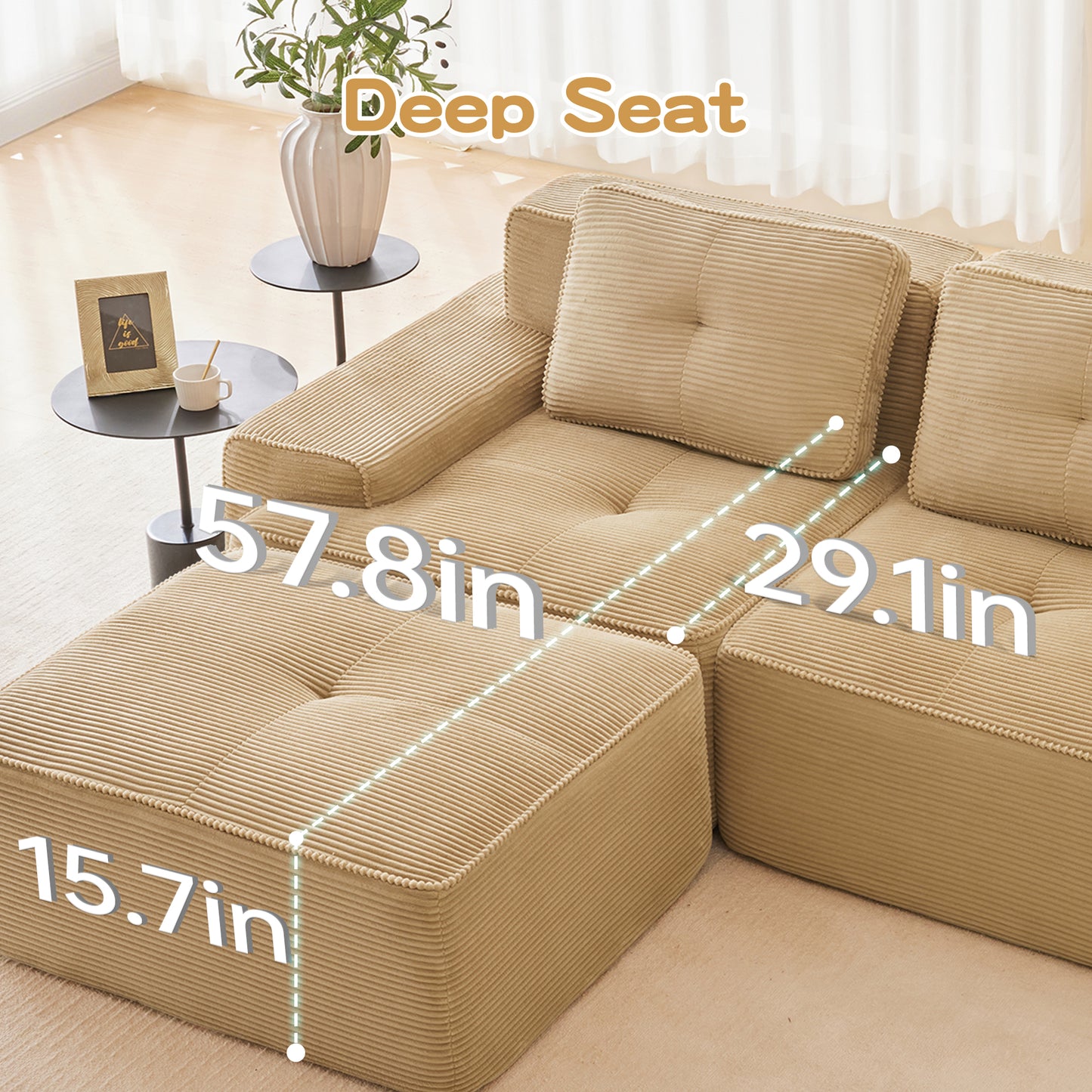 Modular Sectional Sofa for Living Room, Corduroy Fabric Deep Seat and Movable Ottoman, Pearl-like piping, Tufted Design, No Assembly