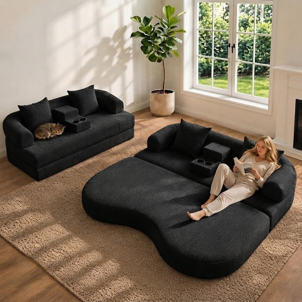 2-in-1 Convertible Sleeper Sofa Bed with Cup Holders