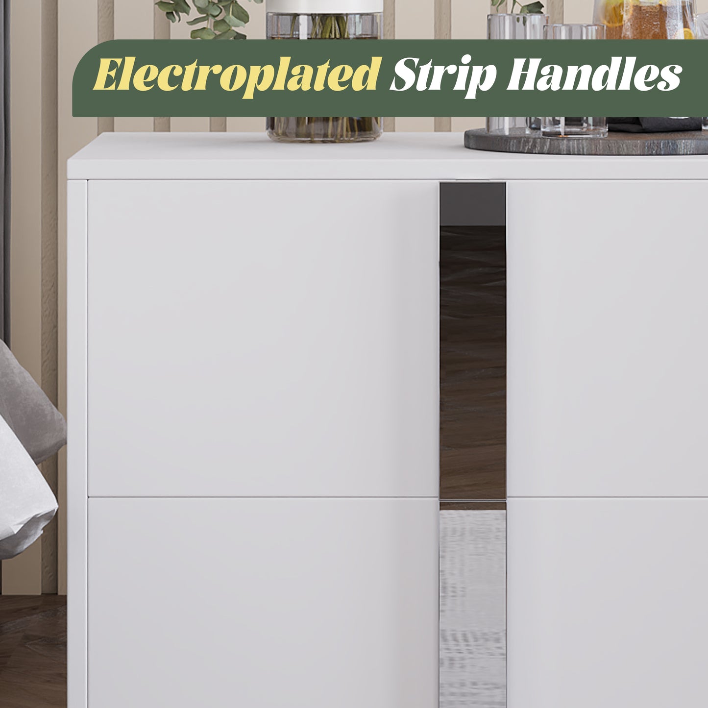 Nightstand with Metal Foot &amp; Mirrored Metal Handles | 2-Drawer Wood Bedside Table – White/Grey/Black, Silent Slides