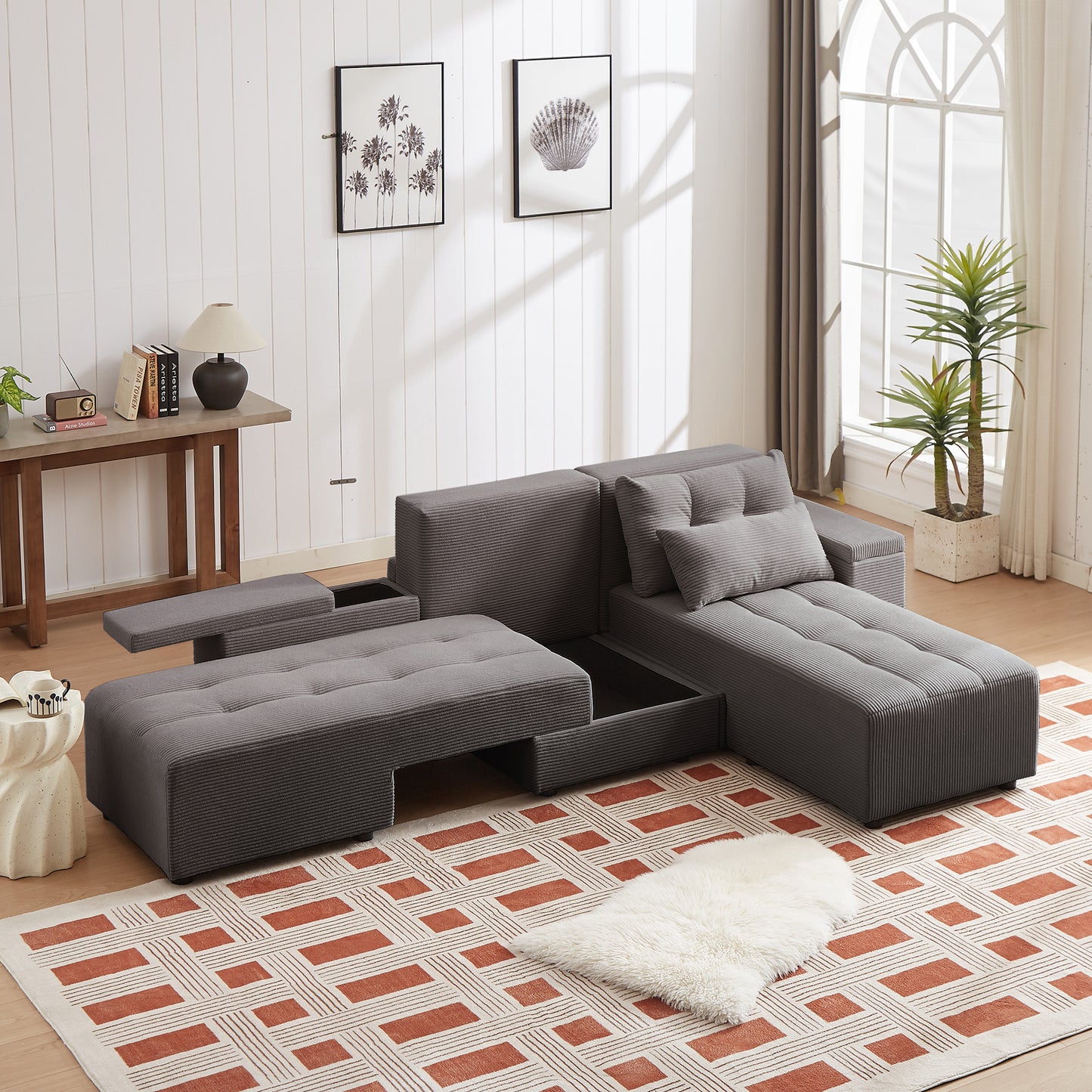 Corduroy Convertible 3 in 1 Sleeper Sofa and Sectional Sofa with 4 Storage Space With 4 pillows