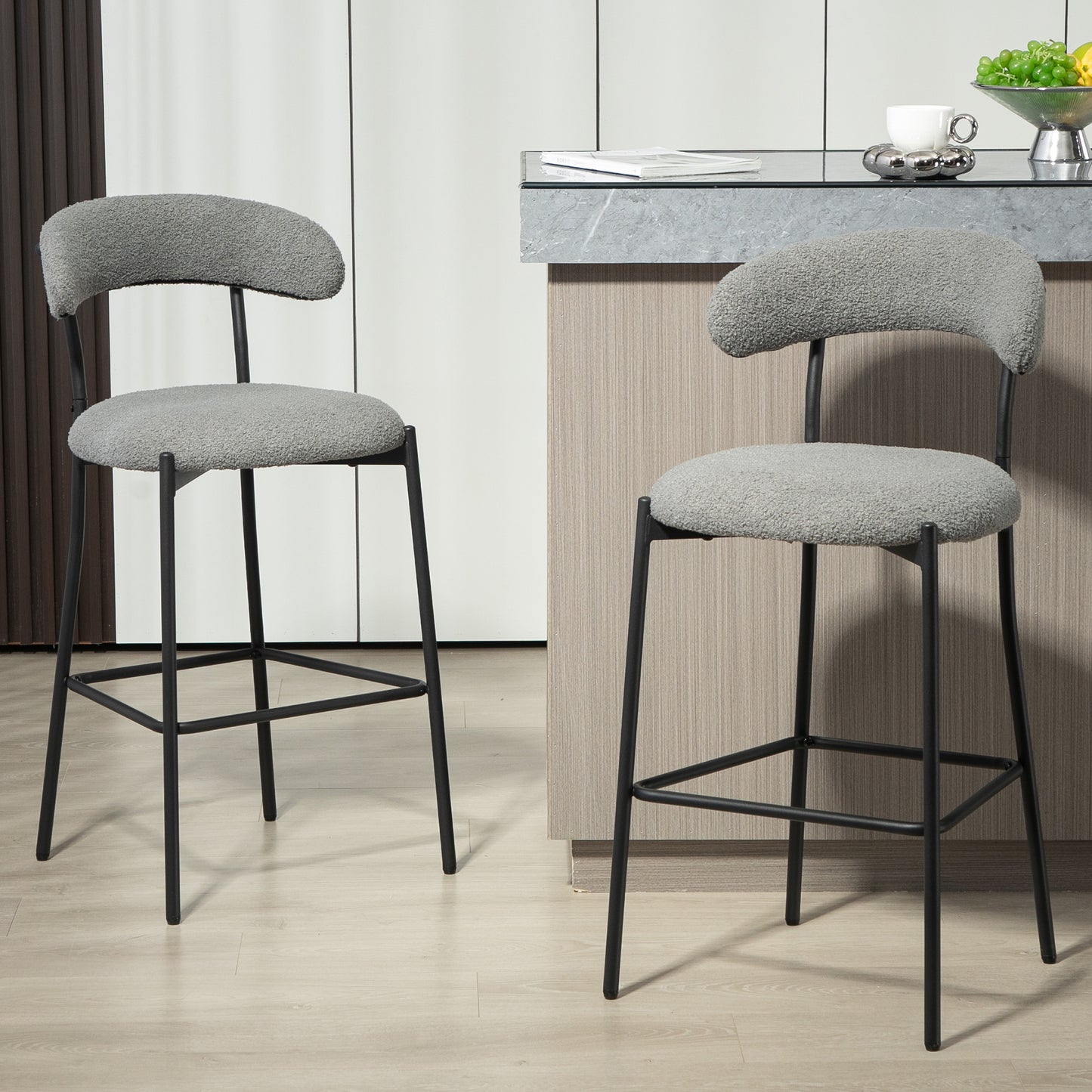 26 - Inch Counter Height Teddy Fabric Bar Stool with Black Powder - Coated Base