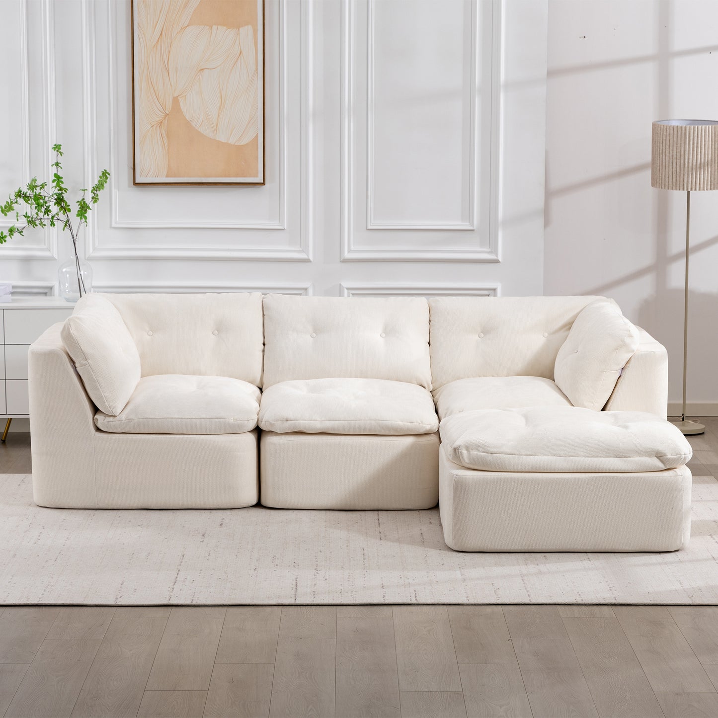 Modern Cloud-Style Living Room Sofa – Deep Seat Convertible L-Shaped Frame-Free Sofa with Ottoman, Oversized 4-Seater Chenille Fabric Compressed Sofa, Modular Sectional Sofa