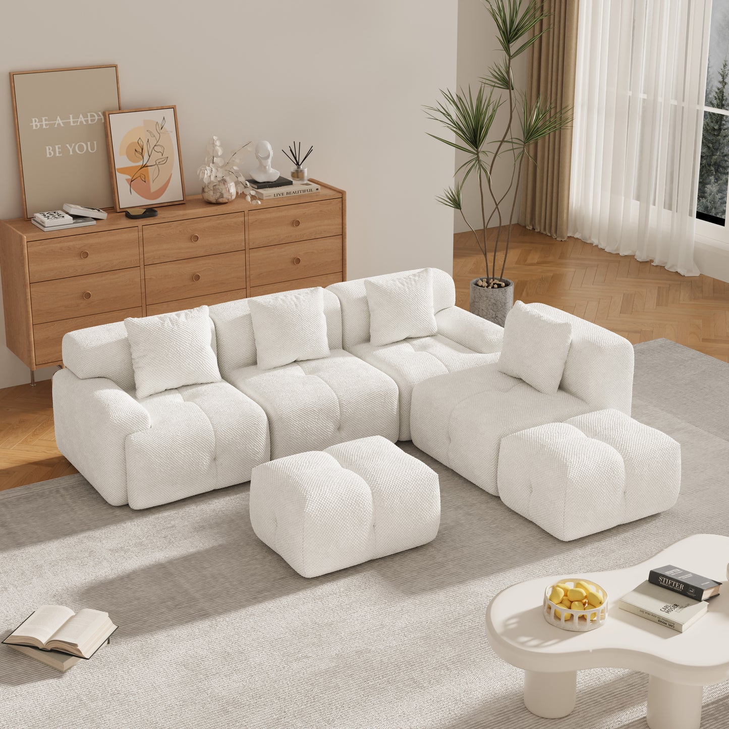 ModernModular  Loveseat  Sofa L Shape Sectional Sofa  , 2-4-6 Seater Tufted Comfy Cloud Tufted Floor Convertible Couch with 2 Pillows
