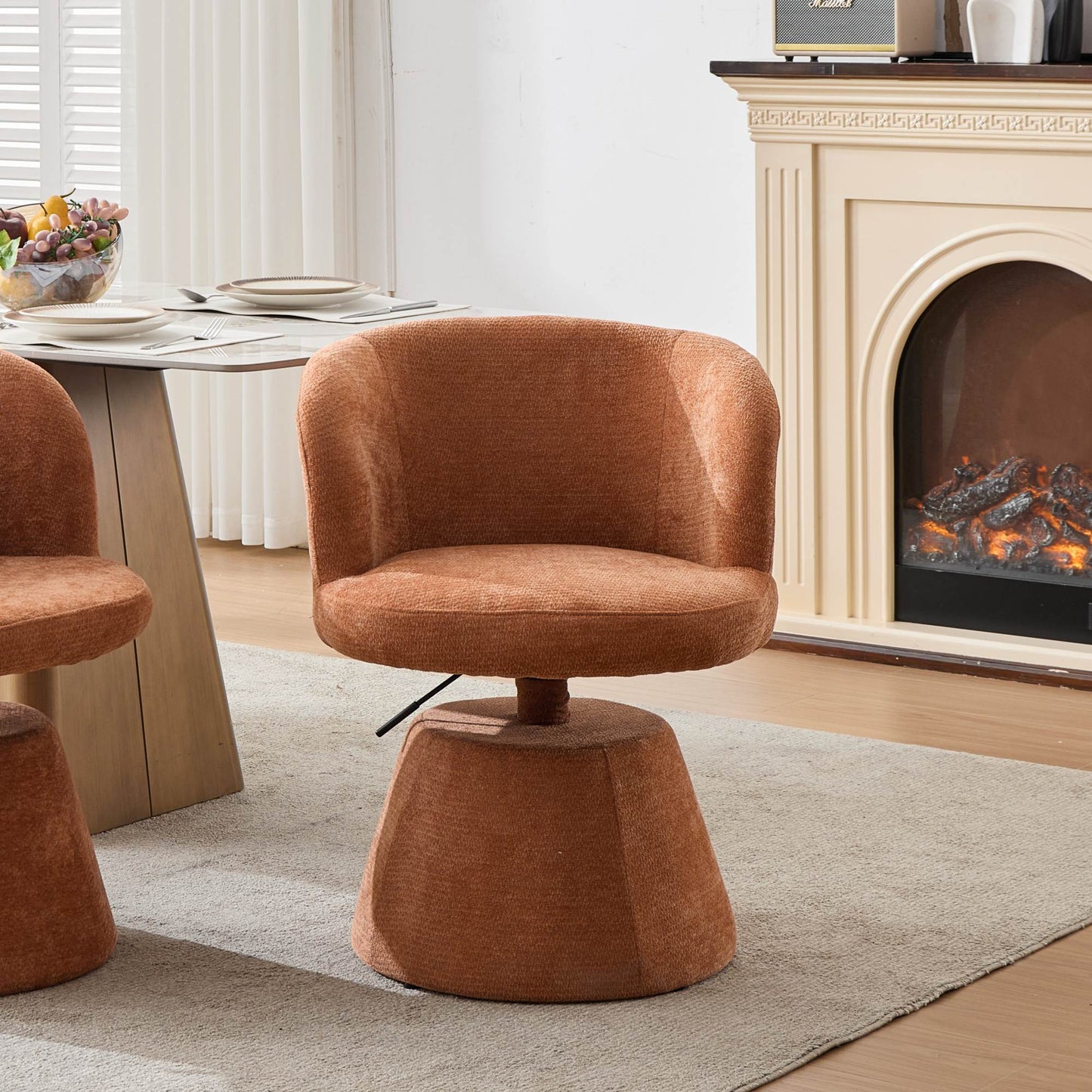 Adjustable Height 360° Swivel Bar Stool | Modern Chenille Upholstered Round Dining Chair – Terracotta &amp; Beige