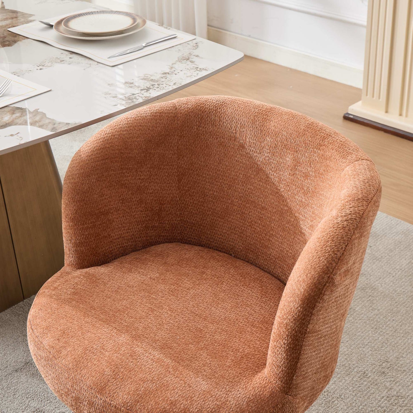 Adjustable Height 360° Swivel Bar Stool | Modern Chenille Upholstered Round Dining Chair – Terracotta &amp; Beige