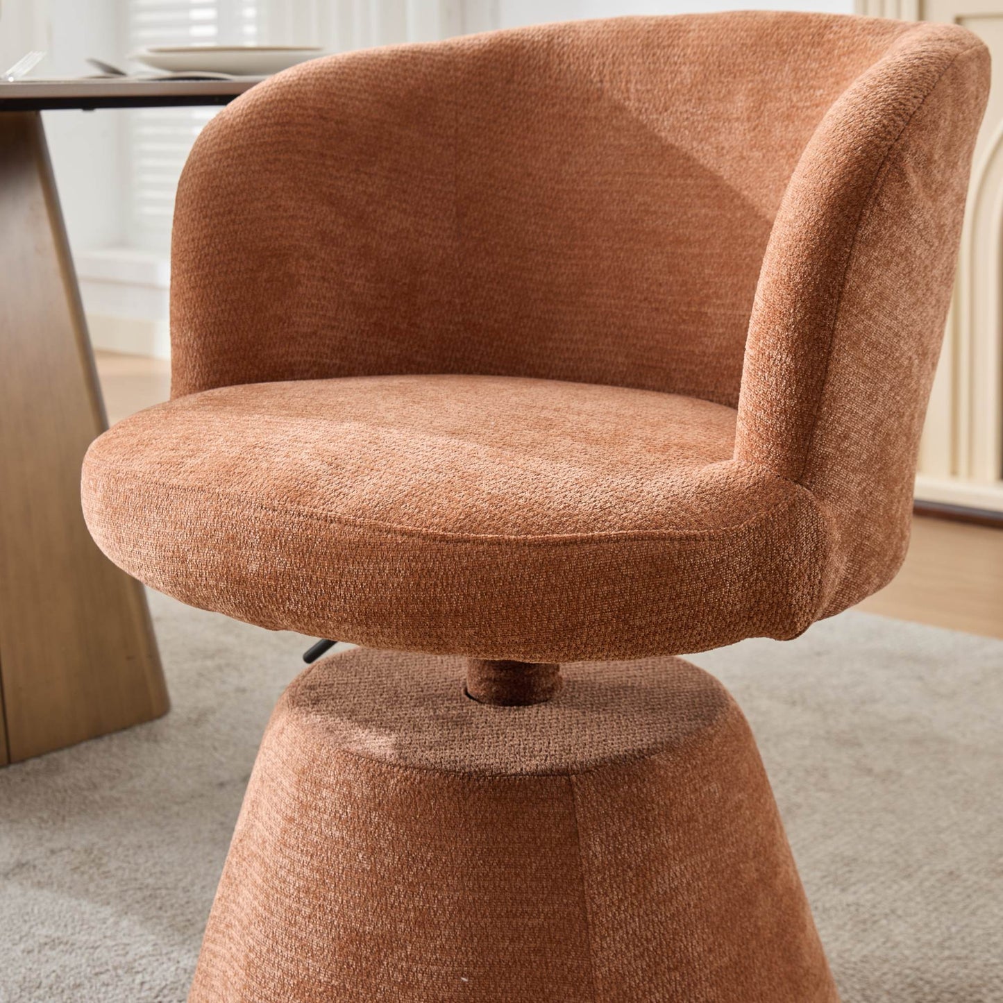 Adjustable Height 360° Swivel Bar Stool | Modern Chenille Upholstered Round Dining Chair – Terracotta &amp; Beige