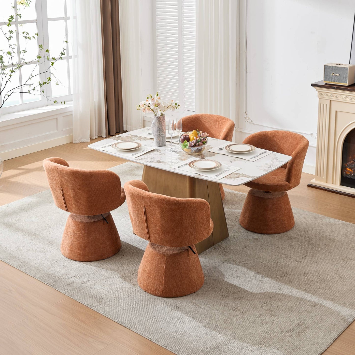Adjustable Height 360° Swivel Bar Stool | Modern Chenille Upholstered Round Dining Chair – Terracotta &amp; Beige