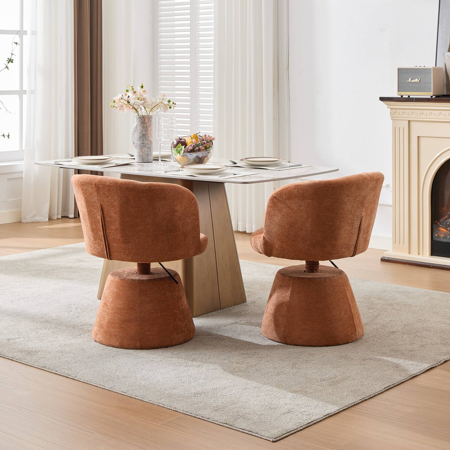 Adjustable Height 360° Swivel Bar Stool | Modern Chenille Upholstered Round Dining Chair – Terracotta &amp; Beige