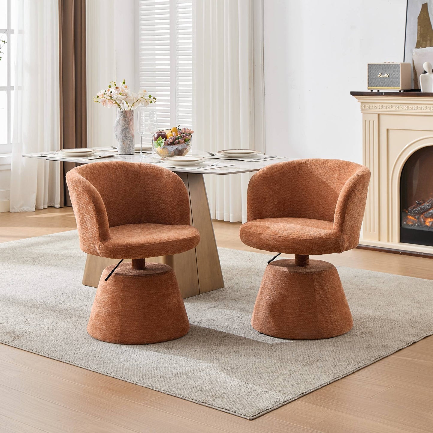 Adjustable Height 360° Swivel Bar Stool | Modern Chenille Upholstered Round Dining Chair – Terracotta &amp; Beige