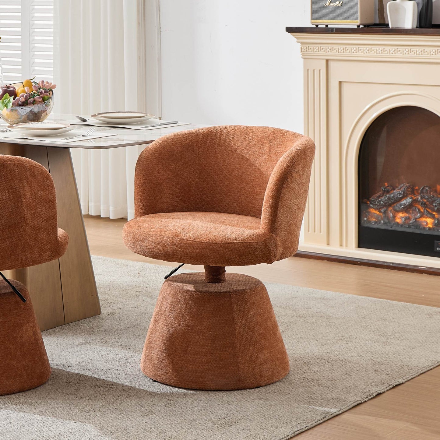 Adjustable Height 360° Swivel Bar Stool | Modern Chenille Upholstered Round Dining Chair – Terracotta &amp; Beige