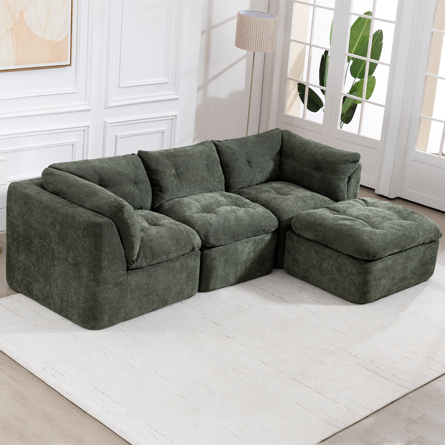Modern Cloud-Style Living Room Sofa – Deep Seat Convertible L-Shaped Frame-Free Sofa with Ottoman, Oversized 4-Seater Chenille Fabric Compressed Sofa, Modular Sectional Sofa