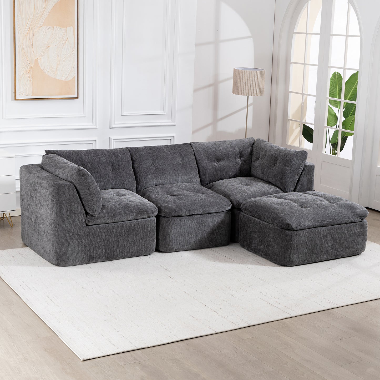 Modern Cloud-Style Living Room Sofa – Deep Seat Convertible L-Shaped Frame-Free Sofa with Ottoman, Oversized 4-Seater Chenille Fabric Compressed Sofa, Modular Sectional Sofa