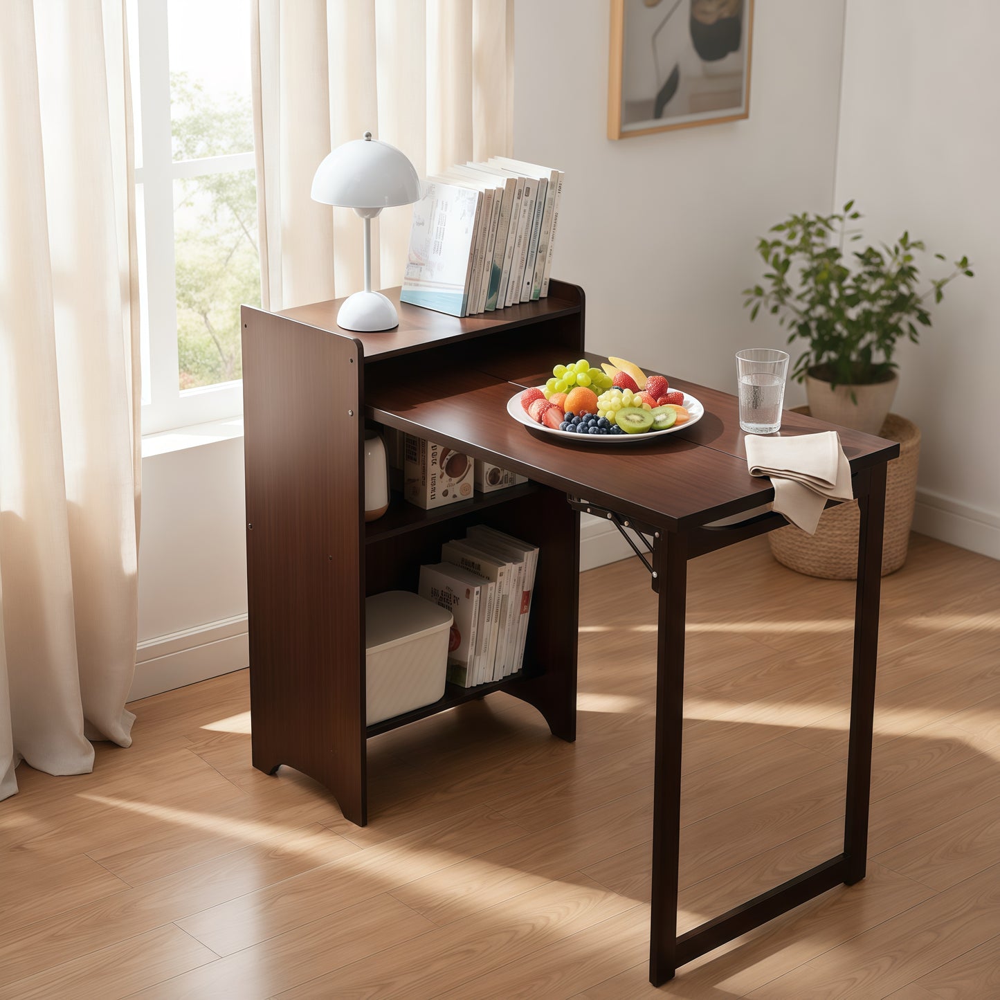 Foldable Desk Computer Desk with Hidden Storage for Small Space | Bamboo Folding Table – Natural/Walnut