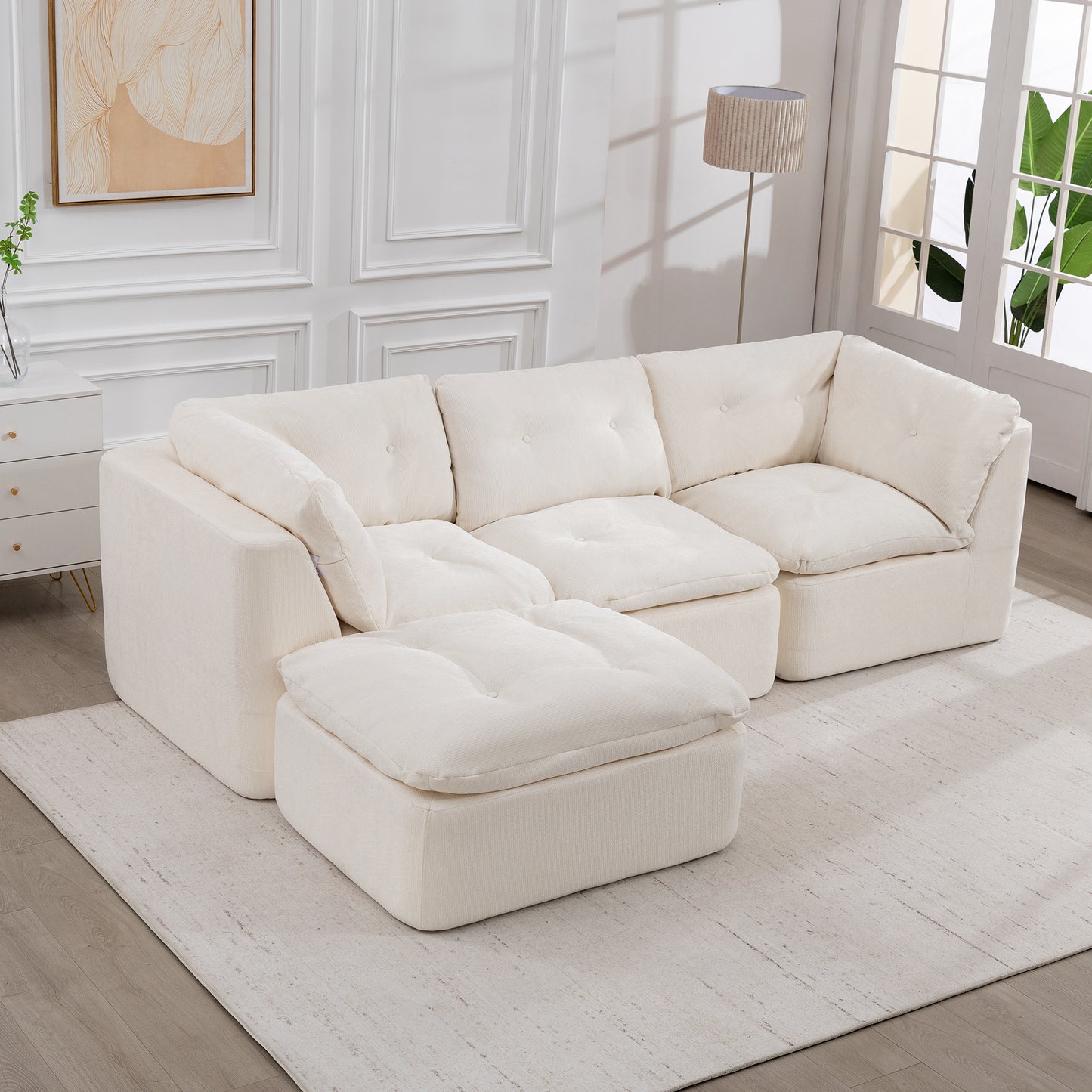 Modern Cloud-Style Living Room Sofa – Deep Seat Convertible L-Shaped Frame-Free Sofa with Ottoman, Oversized 4-Seater Chenille Fabric Compressed Sofa, Modular Sectional Sofa