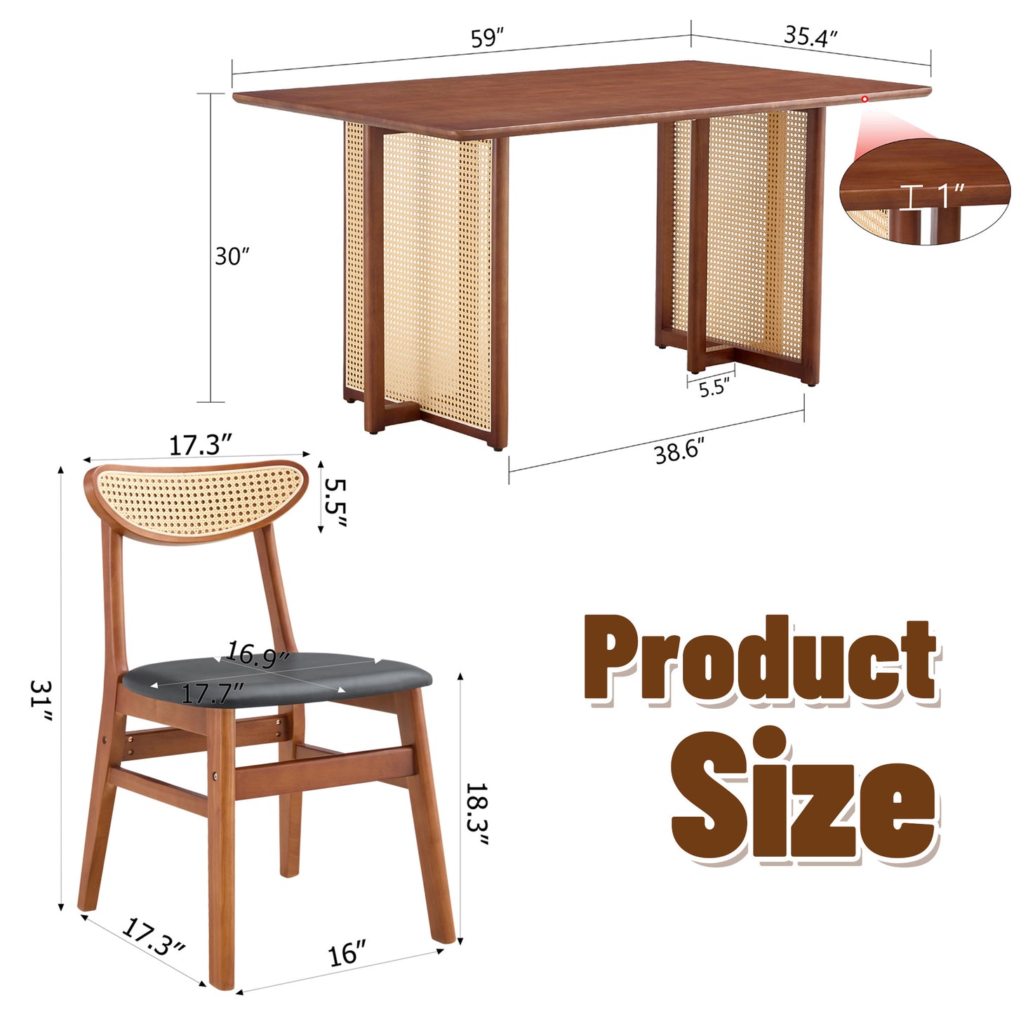 Ancient Style Solid Wood Dining Table Set: Imitation Rattan Legs, 4 - 6 Rubberwood Chairs