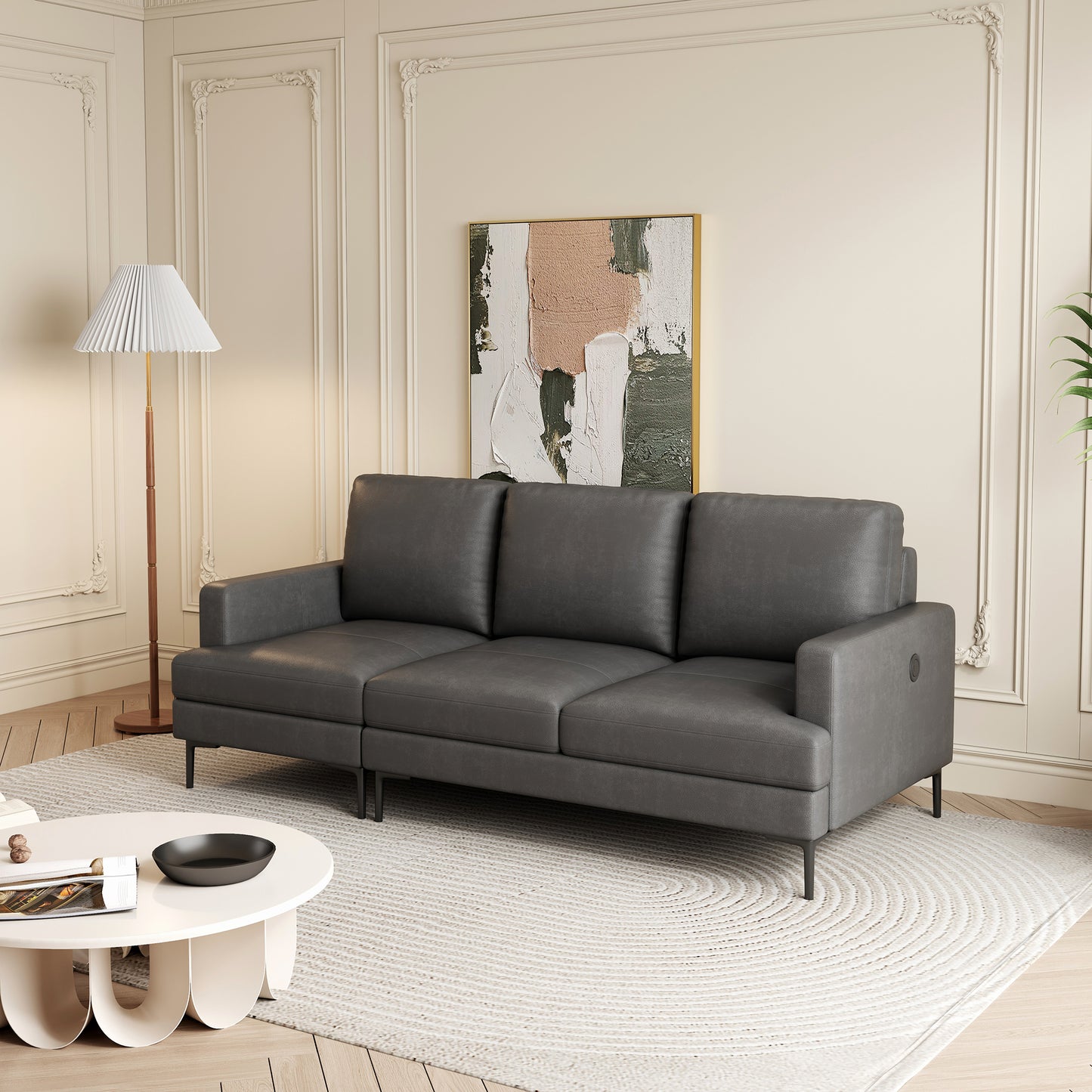 77 - inch Gray Luxury Genuine Leather - Match Sofa: USB & Type - C Charger, 3 - Seater for Living & Office