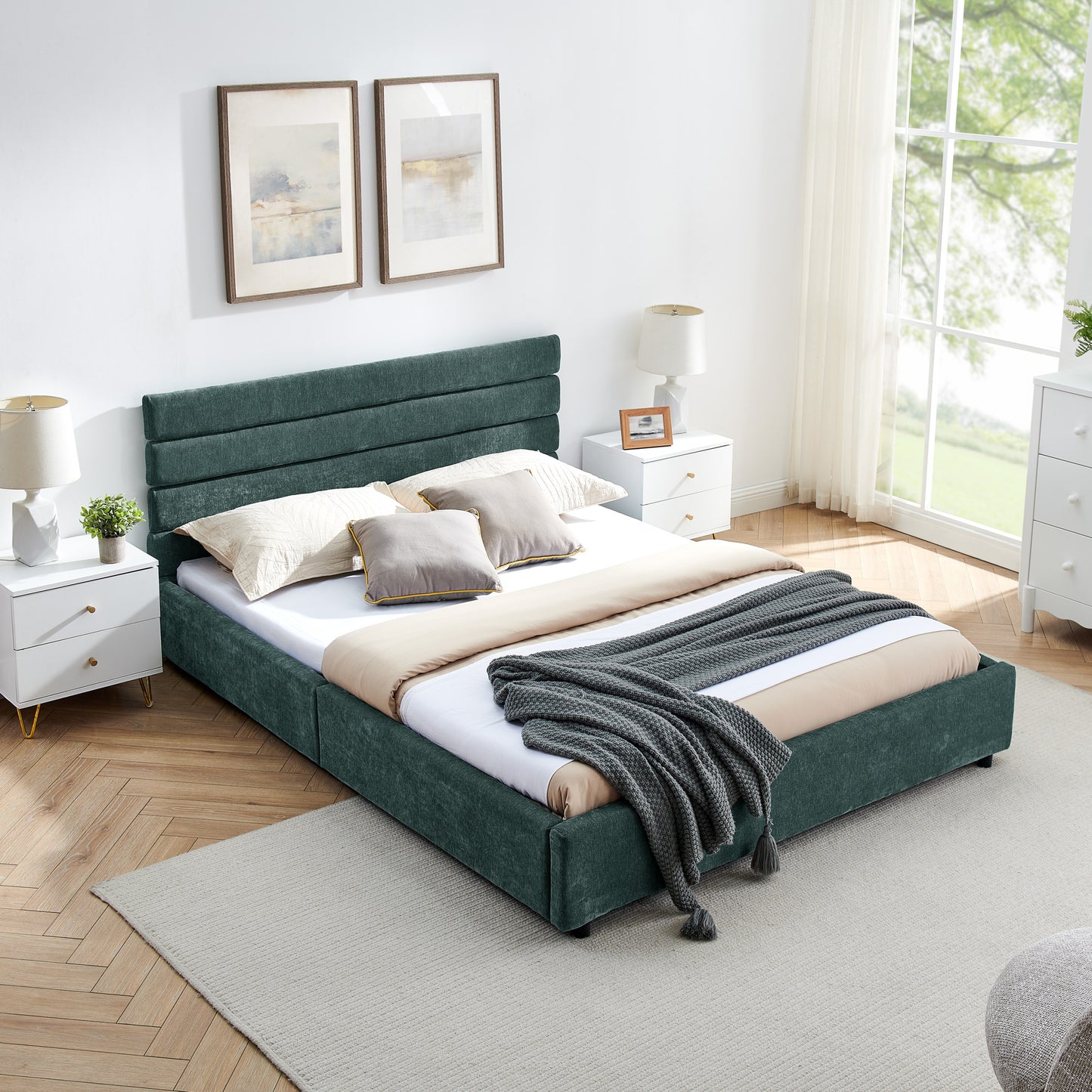Comfortable Cushioned Bed Frame with Drawers: Headboard & Solid Build 3Colors