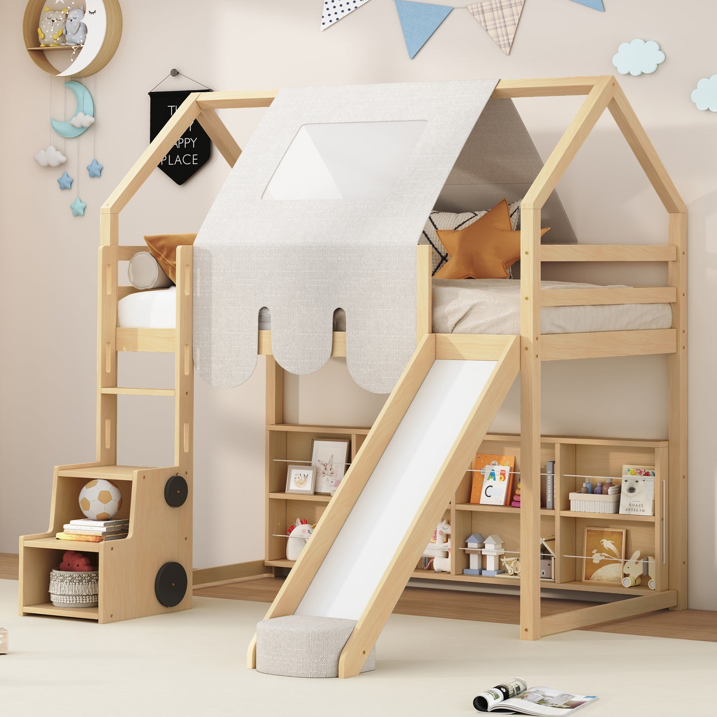 Wooden Loft Bed with House - Shaped Frame and Tent: Ideal for Kids' Rooms