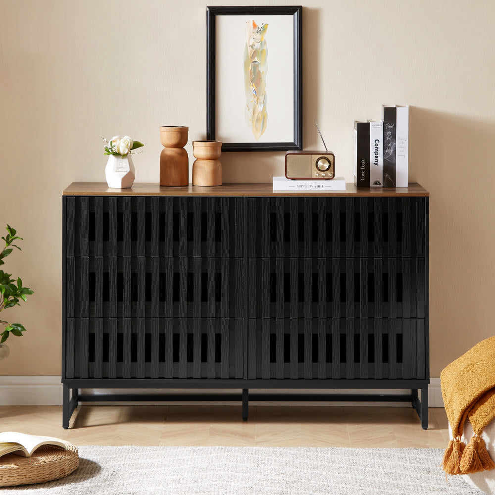 Modern Style Cabinet With Slatted Grille Striped Drawer & Door And Metal Leg