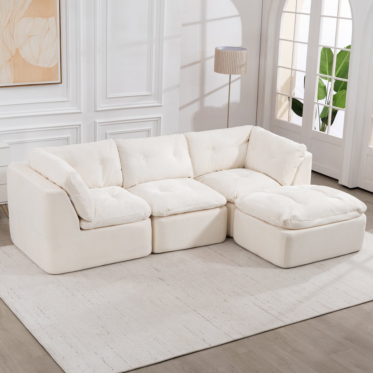 Modern Cloud-Style Living Room Sofa – Deep Seat Convertible L-Shaped Frame-Free Sofa with Ottoman, Oversized 4-Seater Chenille Fabric Compressed Sofa, Modular Sectional Sofa