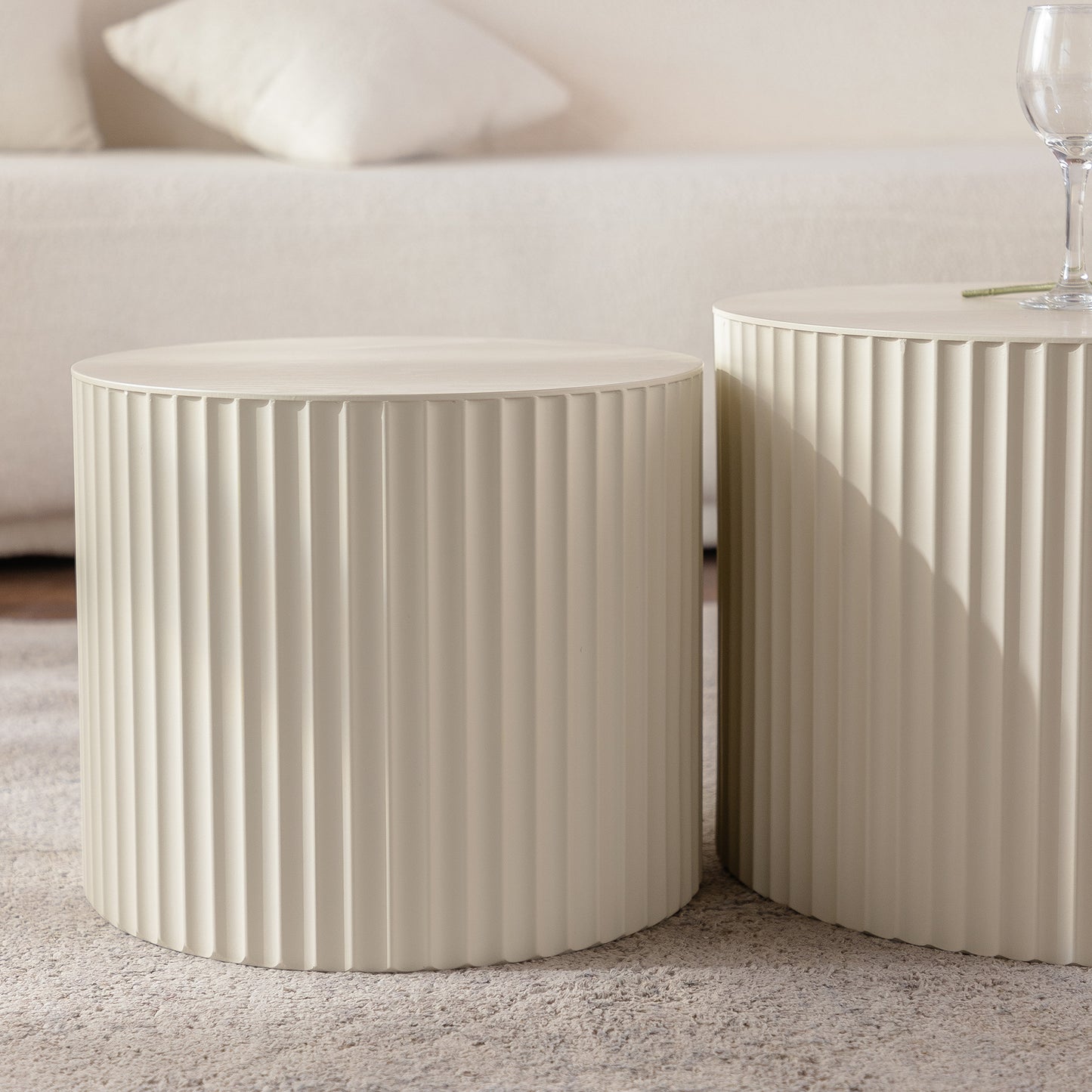 Set of 2 Beige Nesting Coffee Tables: Modern Drum - Shaped for Living Room