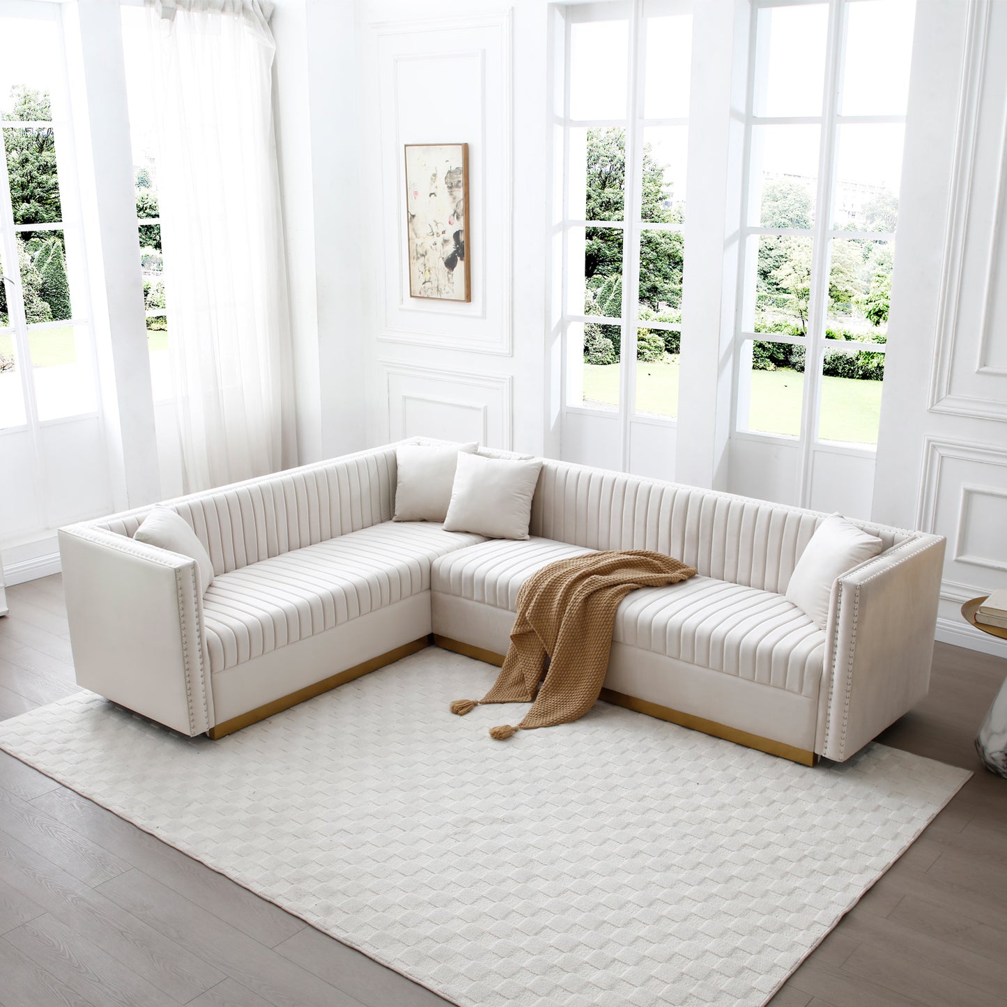 Modern Upholstered L-shape Corner Couch for Living Room with 4 pillows