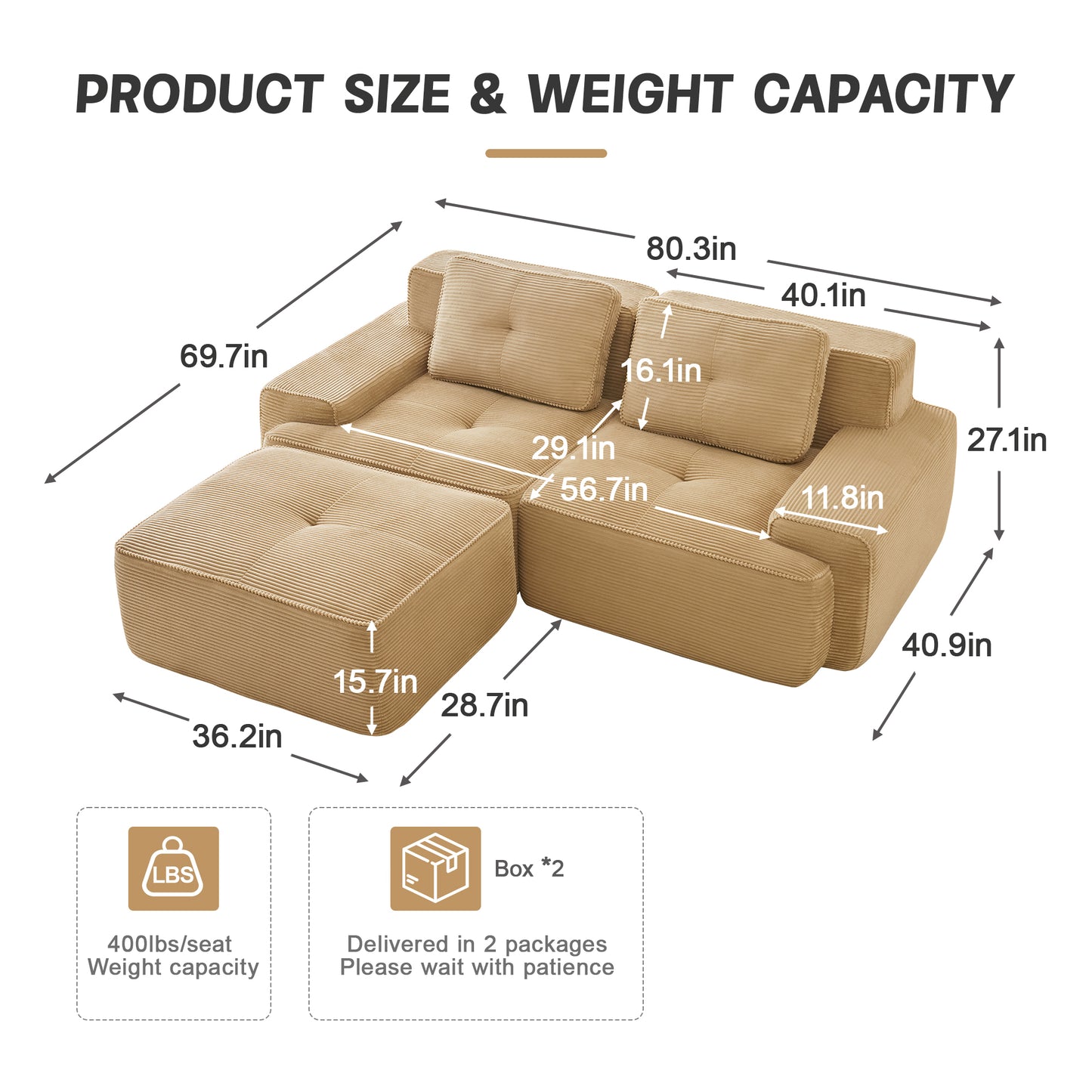 Modular Sectional Sofa for Living Room, Corduroy Fabric Deep Seat and Movable Ottoman, Pearl-like piping, Tufted Design, No Assembly