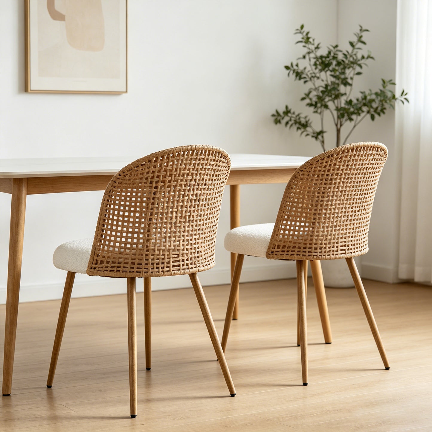 Sponge Seat Cushion Rattan Dining Chair with Backrest – Beige/Brown, Iron Frame
